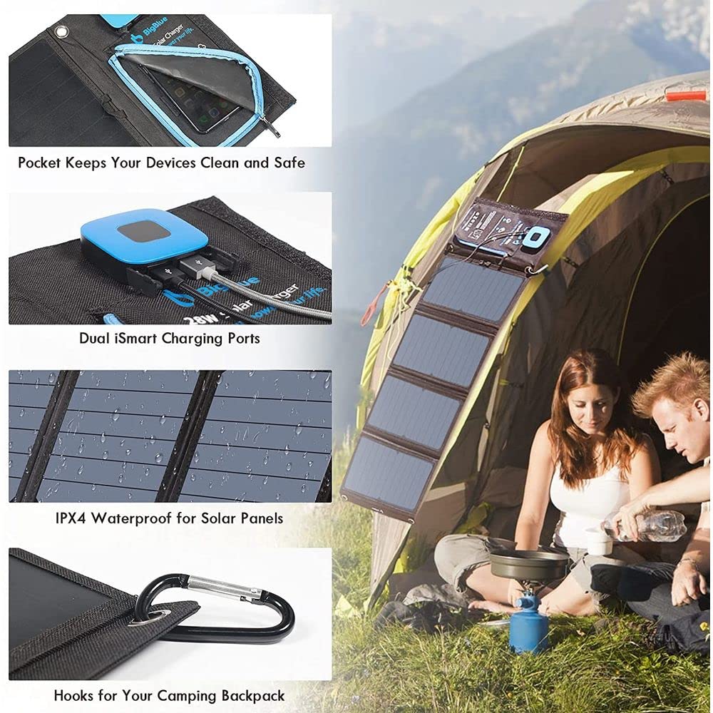 BigBlue Portable Solar Charger 28W with Digital Ammeter,25.4% High-Efficiency, USB-A/USB-C Ports, Folding Waterproof Solar Panels with Carabiners for Camping, Backpacking, Phones, Tablets, Power Bank