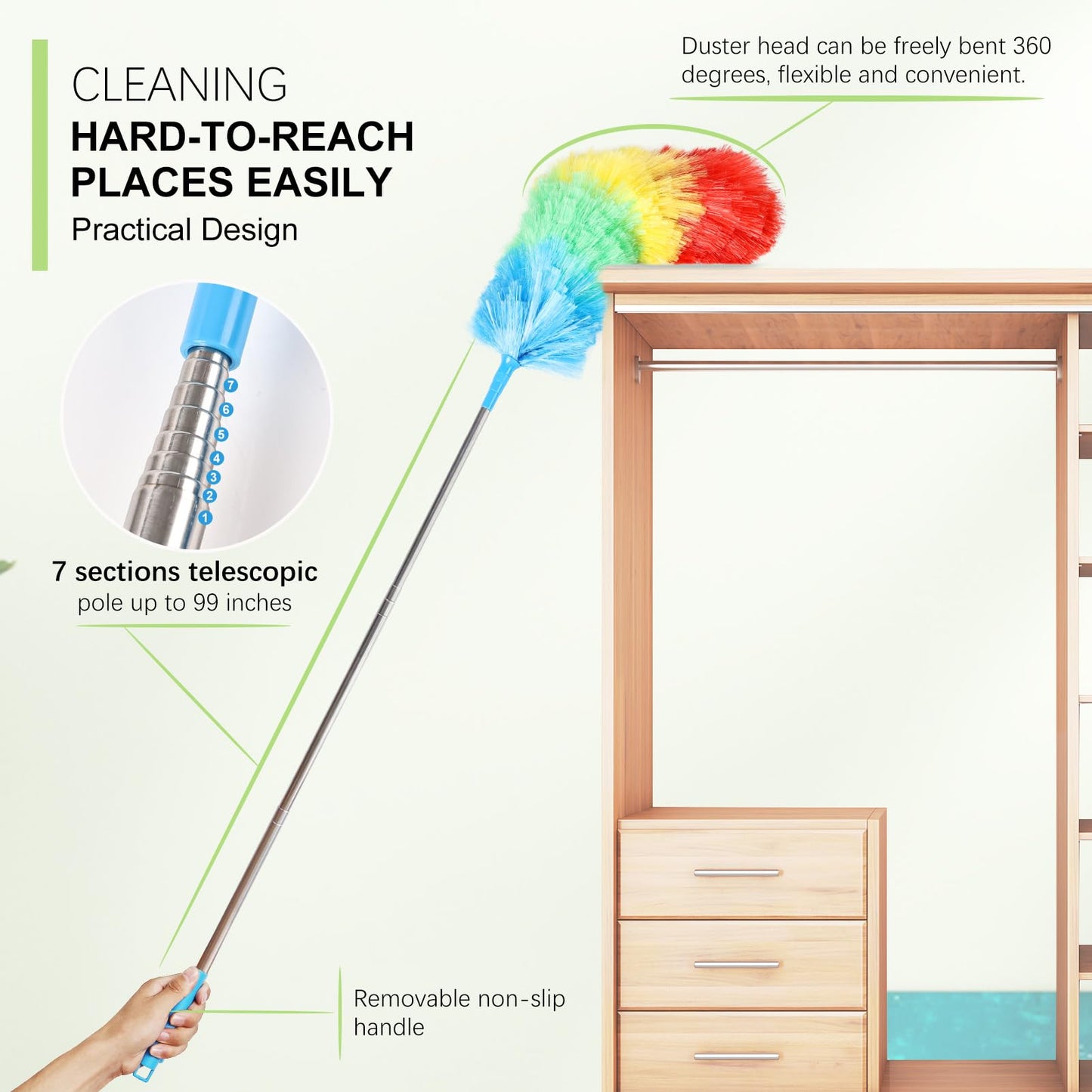 iHUFeather Extendable Rainbow Duster Electrostatic Bendable Microfiber Duster for Cleaning, Dust Cleaner, Cobweb Duster, Air Condition (2pcs)