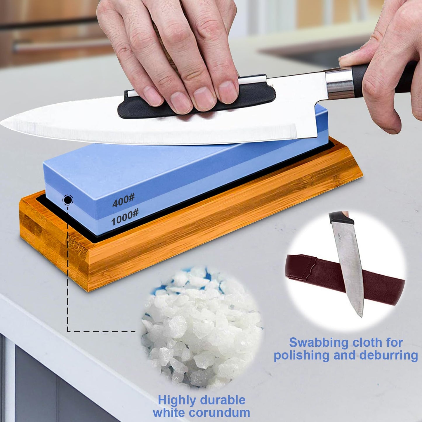 TFMODBFA Knife Sharpening Stone Set - 2 Side Grit 400/1000 3000/8000 Kitchen Knife Sharpener Stone, Professional Kitchen Sharpener Stone Includes Non-Slip Rubber Bases