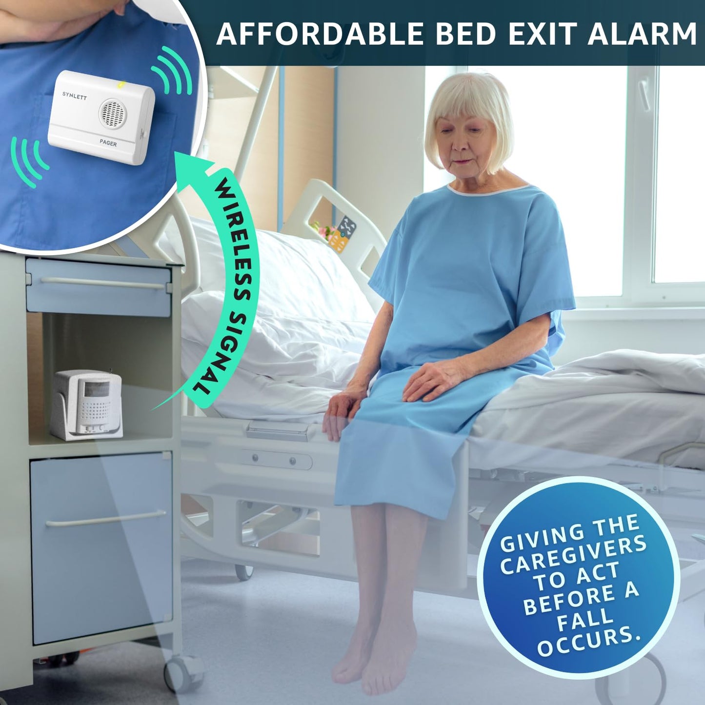SYNLETT Bed Alarm Caregiver Pager with Wireless Motion Sensor Alarm Indoor Fall Prevention for Elderly Monitoring Seniors Dementia Patients Seniors Home Door Chime