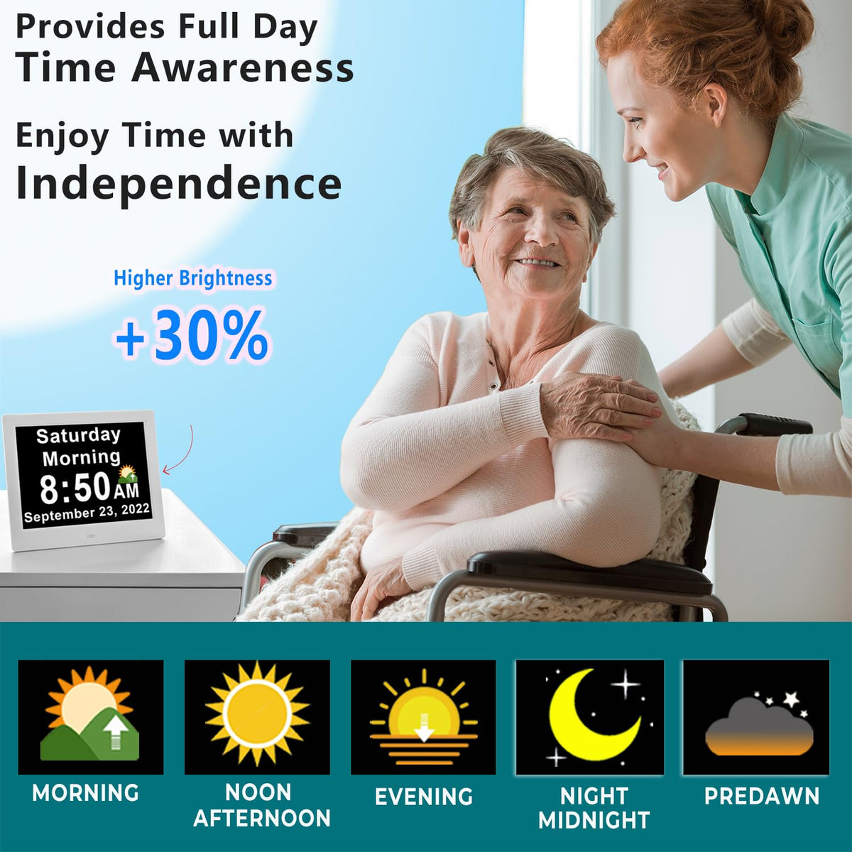 Large Calendar Clock for Seniors, 30 Alarms & Sun/Moon Icons, Day Date Week Clock with Remote Control, 6 Standard Themes, 20 Custom Reminders, 5 Languages, Auto Dimming, 12/24 Hours, auto DST