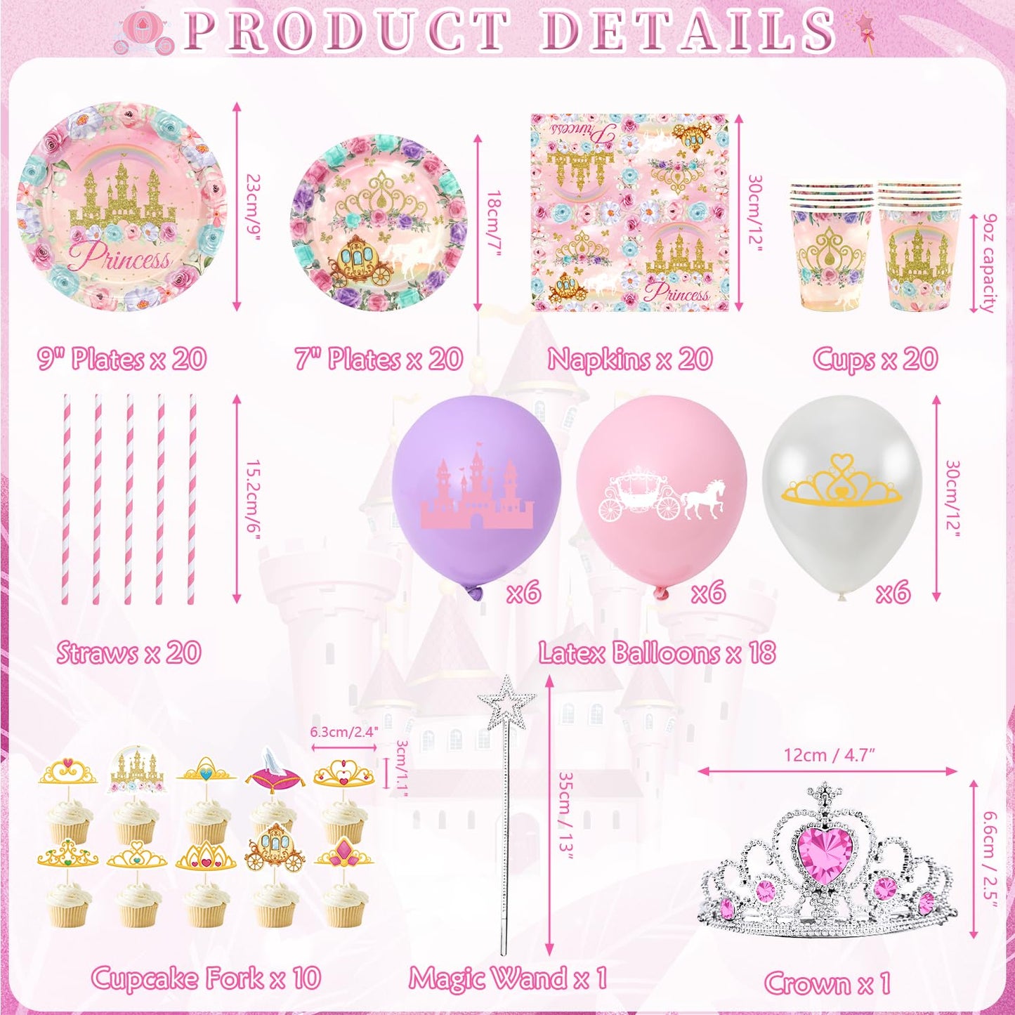 Princess Birthday Party Supplies, Includes Backdrop Banner, Plate, Napkins, Cake Toppers, Crown, Wands, Tablecloth, Balloons, for Girls Princess Baby Shower Decorations Serve 20 Guests