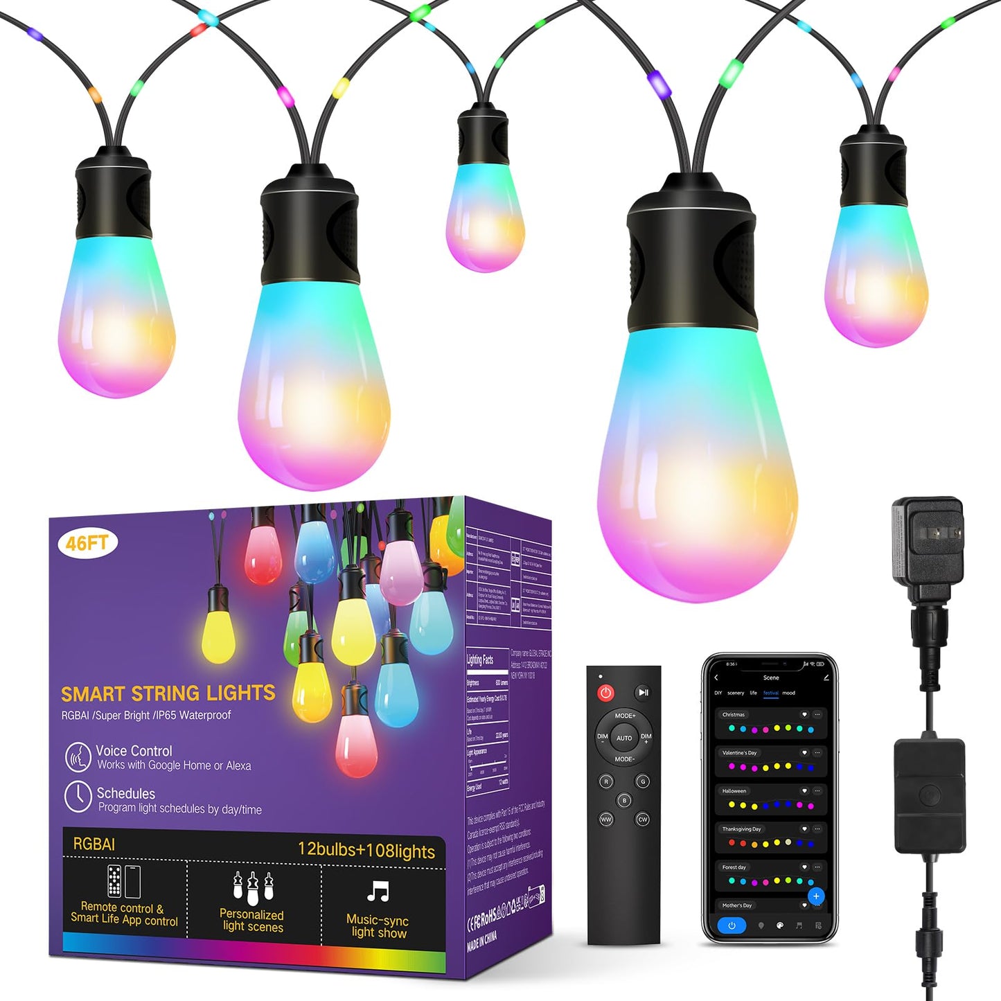 OUTON Outdoor String Lights, 46FT Smart AI RGB Patio Lights with Individual Bulb Control, APP Remote Voice Control, Works with Alexa and Google Assistant, IP65 Waterproof, Dimmable for Backyard Party