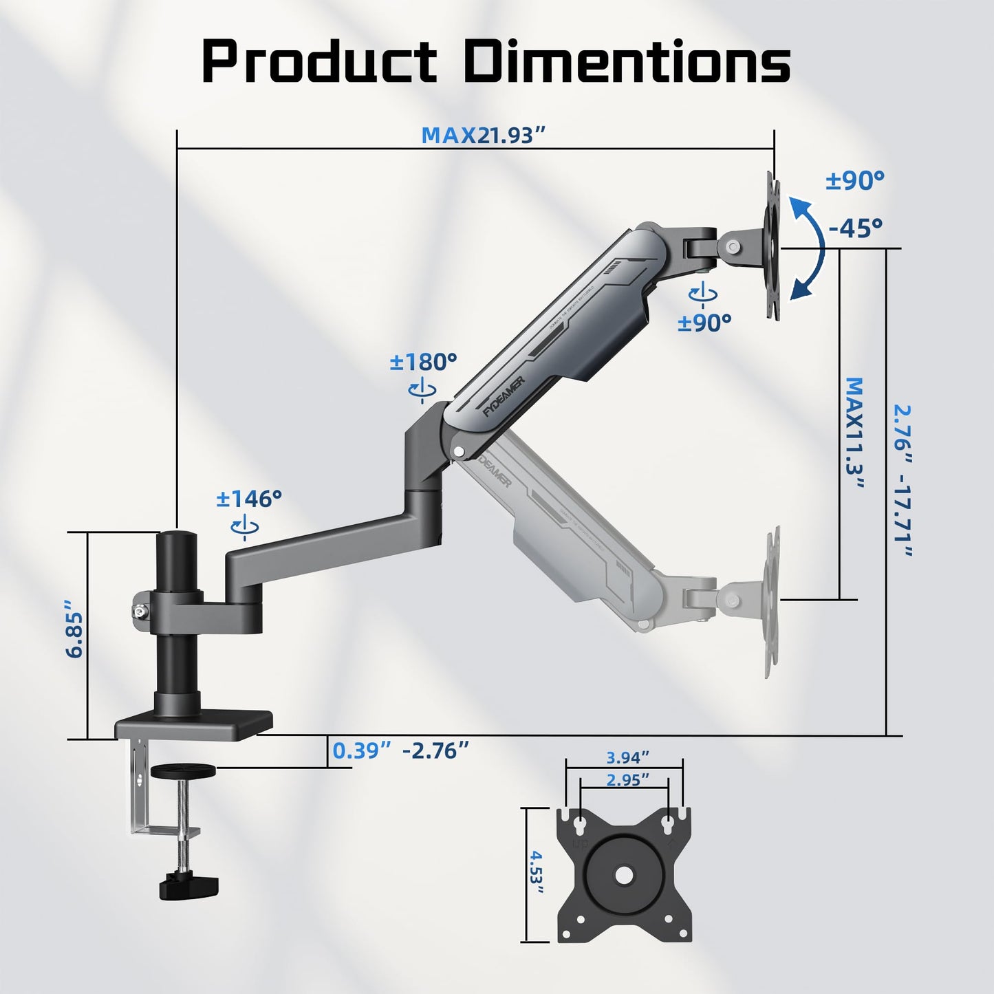 Fydeamer Single Monitor Arm, Heavy Duty Gas Spring Mount with Height Adjustment & Tilt for 17-32 Inch Screens up to 19.8 lbs, Adjustable VESA Desk Mount with Dual Installation Options, Gray & Black