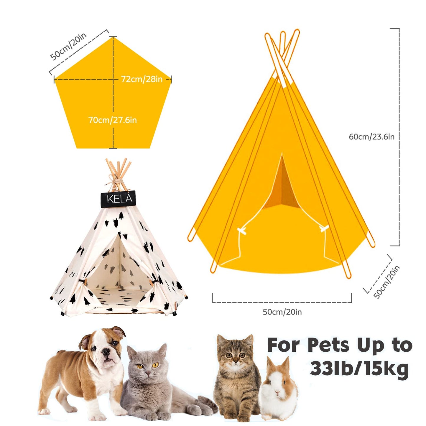 Pet Teepee for Dogs/Puppy and Cats with Thick Cushion Portable 24in Pet Tent with Blackboard Pet Houses Bed for Small Puppy Dog Indoor Outdoor