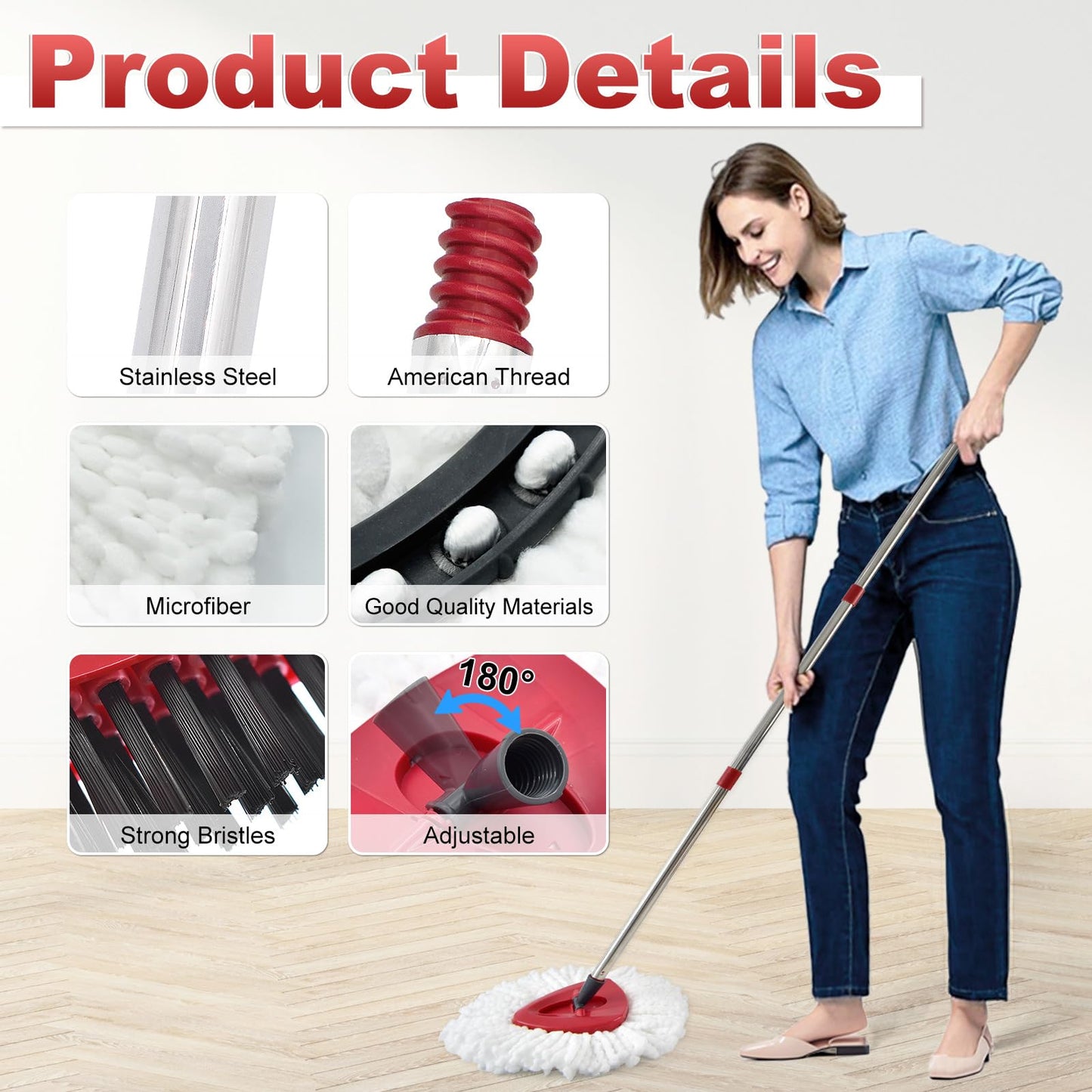 Spin Mop Head Replacement, Base, Mop Handle for Vileda EasyWring - Include 2 Microfiber Refills, 4-Section 30-59in Handle, 1 Cover and 1 Scrubber (1-Tank System)