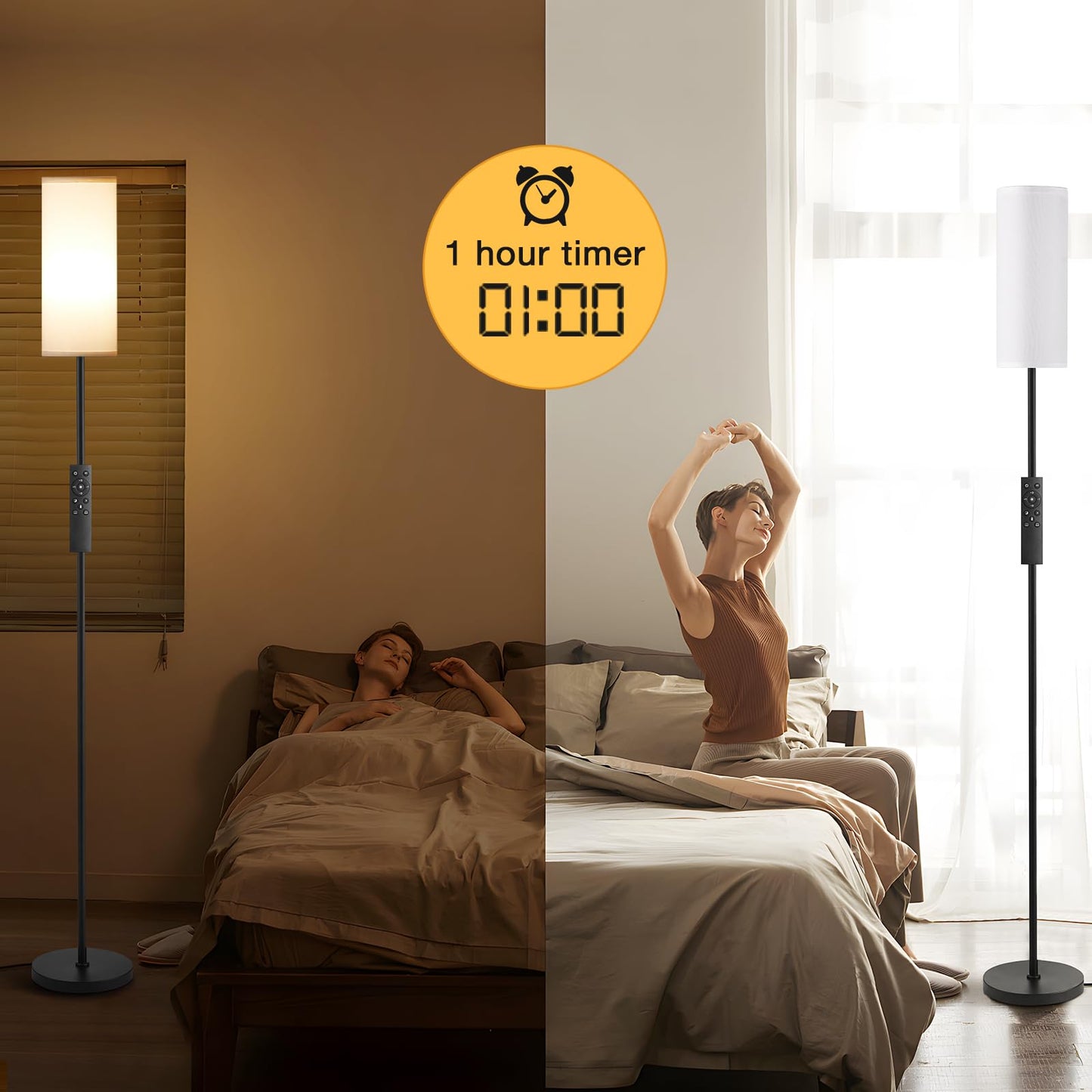 Ambimall Floor Lamp with Remote Control- Dimmable Standing Tall Lamp, Floor Lamps for Living Room, Bedrooms, Stepless Adjustable 3000K-6000K Colors, 10-100% Brightness, Foot Switch