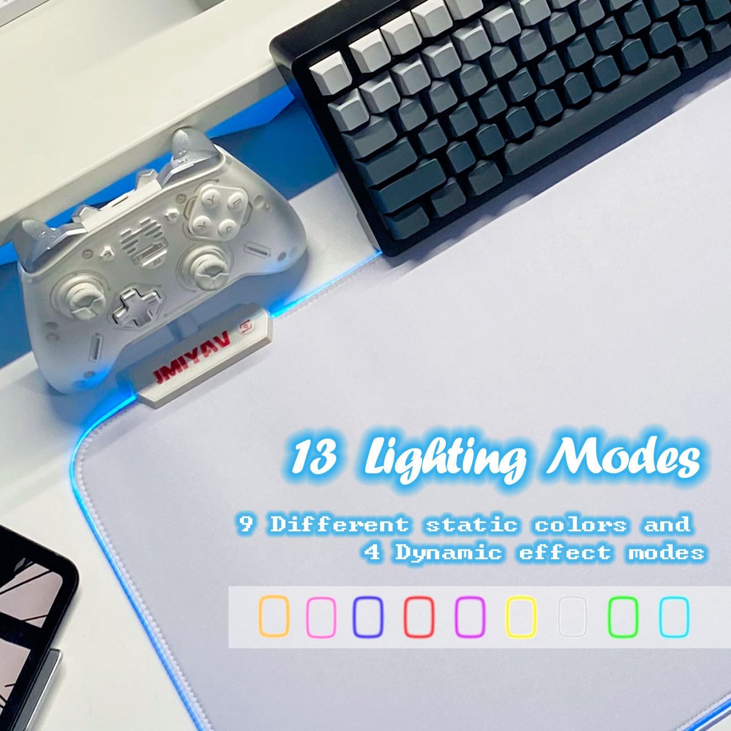 JMIYAV White Gaming Mouse Pad RGB Mousepad Non-Slip Rubber Base Extra Large Cool XL XXL Computer Desk Pad Gaming Accessories LED Light Up Extended Big Mouse Pad for Gamer 31.5x12In CW1
