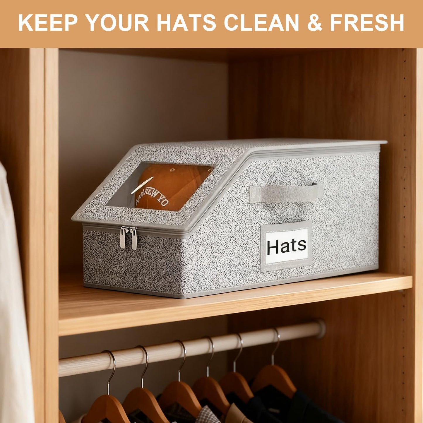2PCS Hat Storage Box for Baseball Caps - Stackable Foldable, Hat Organizer for Closet, Baseball Cap Storage Box, Hats Storage Bins with Handle for Shelf or Wardrobe, Grey