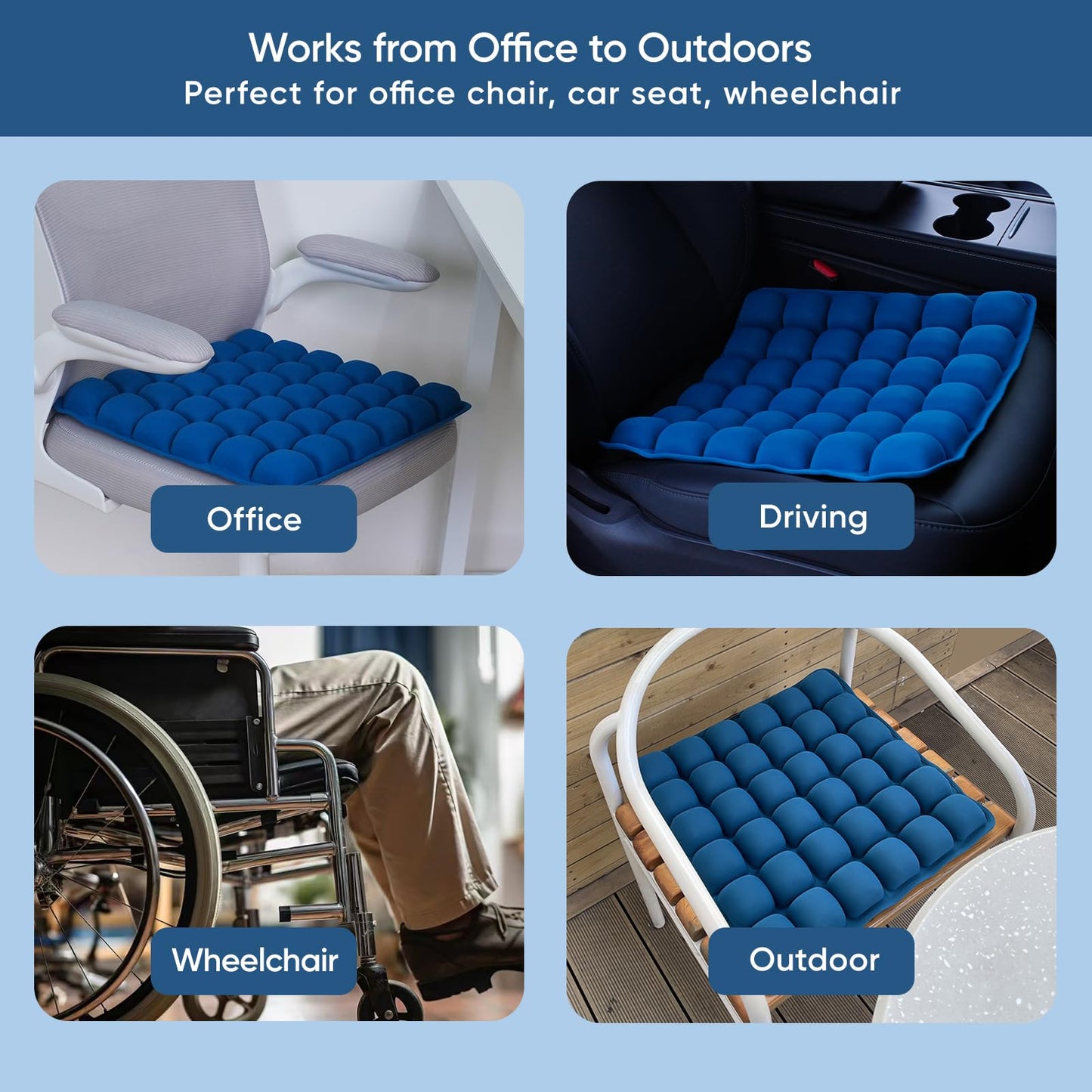 Hexara Ergonomic 3D Air Seat Cushion, Inflatable Airplane Seat Cushion for Long Flights, Travel Cushions for Office Chair, Car, Wheelchair, Adjustable Comfort with Built-in Air Pump(Blue)