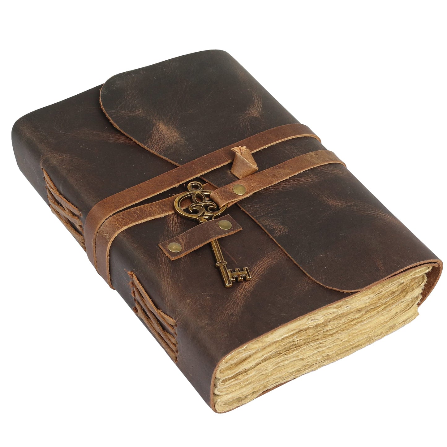Leather Journal with Deckle Edge Paper 8x6 inch and Vintage Key/Handmade Writing Notebook Diary/Bound Daily Notepad for Men & Women Medium, Sketch/Writing pad, for Artists
