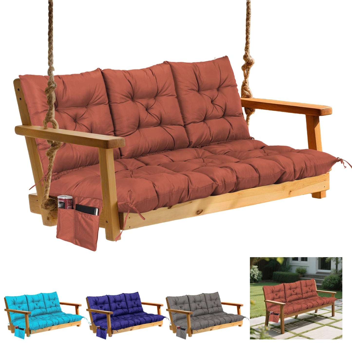 FAMIROSA 3 Seater Porch Swing Cushions, Thick 60 x 40 x 4in Outdoor Swing Cushion with 8 Straps, Water Resistant 3-seat Replacement Cushion for Patio Swing Chair Bench Couch Outside Furniture, Brown