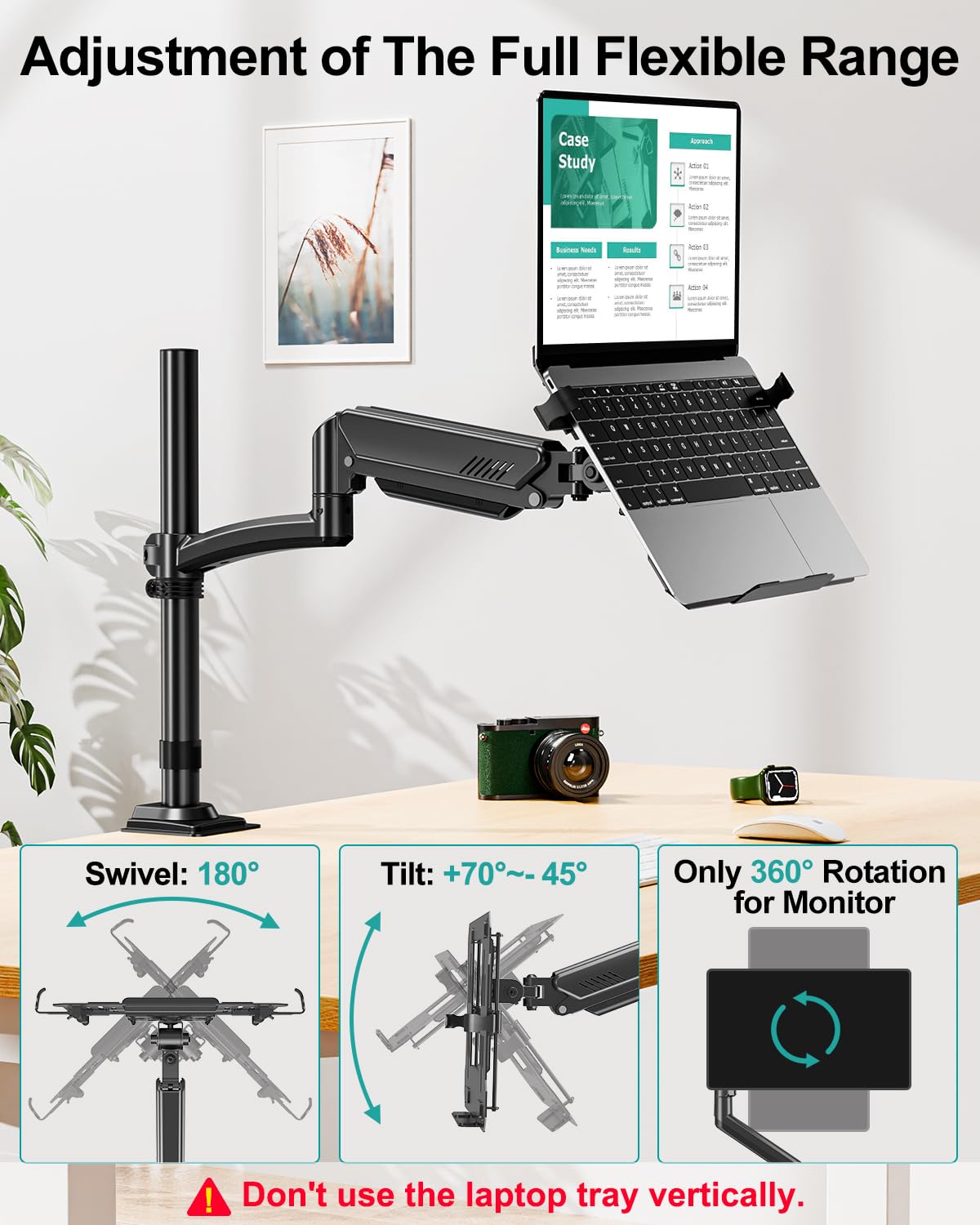 MOUNT PRO Laptop Arm Desk Mount, Single Monitor Stand with VESA Laptop Tray, Adjustable Lap Top Holder for Max 22lbs 17" Notebook & 32" Computer Screen, Swivel Notebook Bracket, Clamp on/Grommet Base