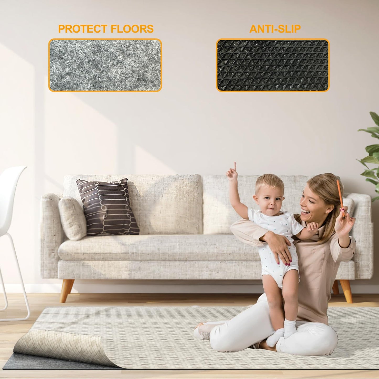 5 x 7 FT Non Slip Felt Rubber Backing Rug Pad, Thick Felt Rug Pads for Hardwood Floors, Underlay Rugs Protective Cushioned Pads for Carpet, Felt and Rubber Underfoot Carpets for Home Place Surface