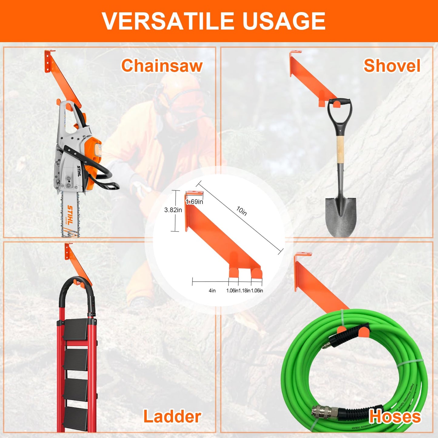 3-in-1 Chainsaw Holder 10in - Heavy Duty Chainsaw Wall Mount, 10 Gauge Steel Chain Saw Hanger for Garage Organization, Hefty Rack Storage Organizer for Chainsaw Accessories and Tools, 180 Lbs Capacity