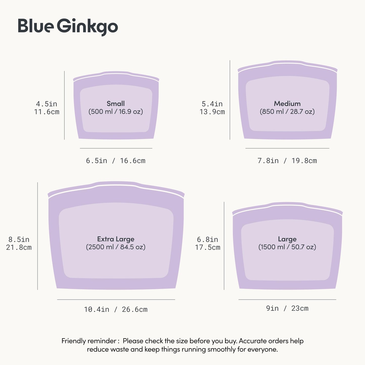 Blue Ginkgo Reusable Silicone Storage Bags – 4-Pack | Korean-Made Stand Up Food, Freezer Bags - Lavender