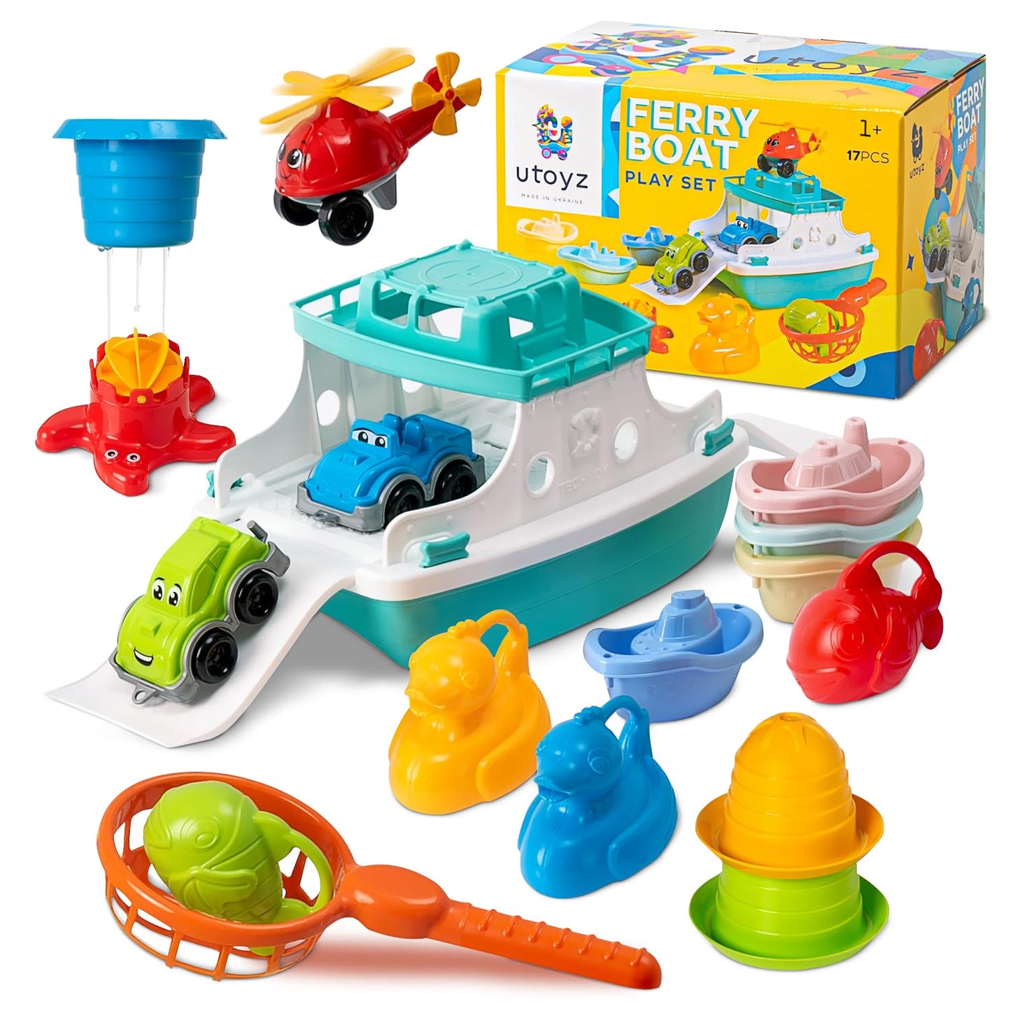 Ferry Boat Toys Set with Helicopter 2 Cars | Baby Bath Toys for Toddlers with Stacking Cups | Baby Water Toy with Bath Boats Train for Girls and Boys