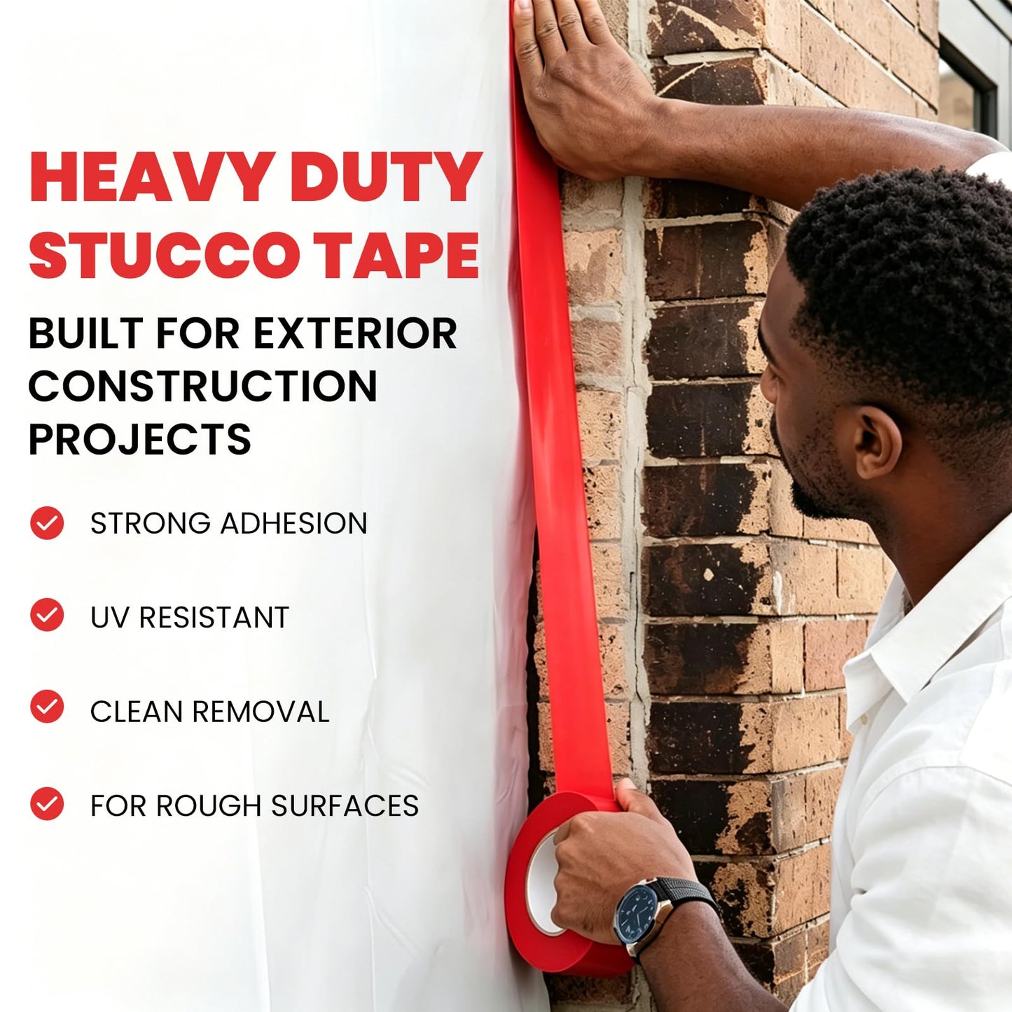 ADHES Stucco Tape, 2 Inch x 60 Yards, 7-Day UV Resistant Outdoor Masking Tape for Construction, Masonry & Exterior Painting, Red Professional Painter Tape, Clean Removal, 3 Rolls