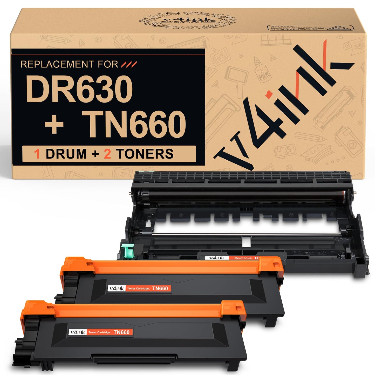 v4ink Compatible DR-630 TN-660 Toner Replacement for Brother DR630 Drum TN660 Toner Cartridge (1D + 2T Set) for Brother HL-L2300D L2320D HL-L2340DW L2360DW L2380DW MFC-L2700DW L2720DW L2740DW Printer