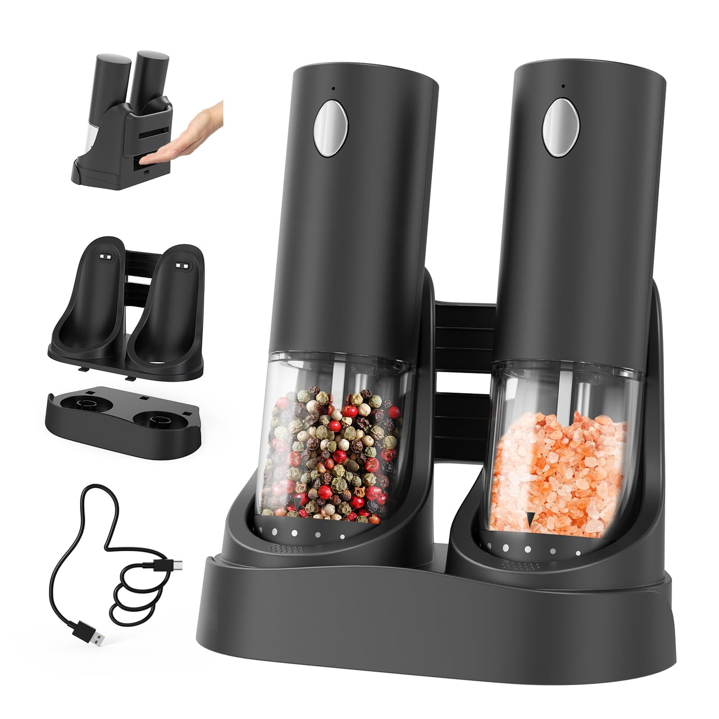 CIRCLE JOY Electric Rechargeable Salt and Pepper Grinder Set with Easy-to-Carry Dual Charging Base, Externally Adjustable, 100 ml Large Capacity, LED Light, Black