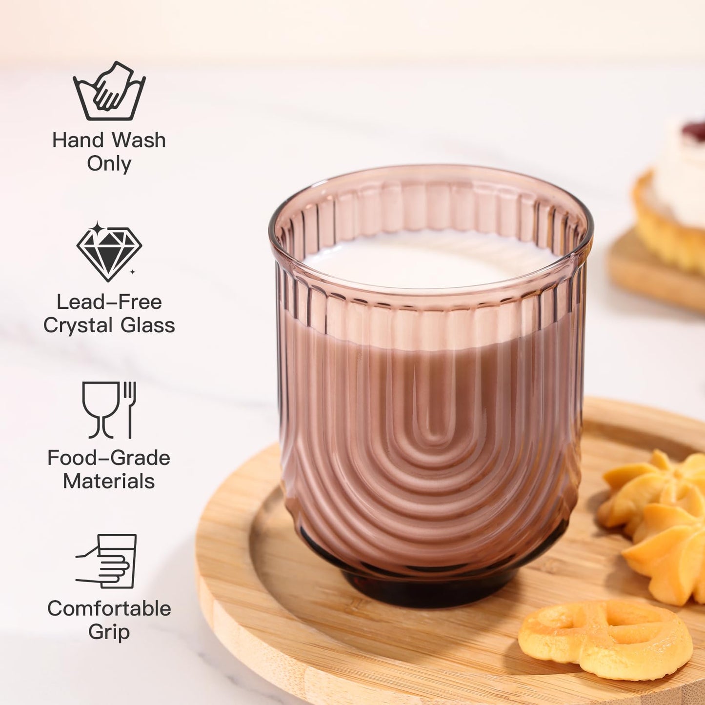JOVGANK Amber Vintage Glassware Set of 6-14Oz Amber Water Drinking Glass, Art Deco Ripple Highball Glass, Whiskey Cocktail Glasses, for Bar Beverages Ice Coffee Juice, Housewarming Gifts