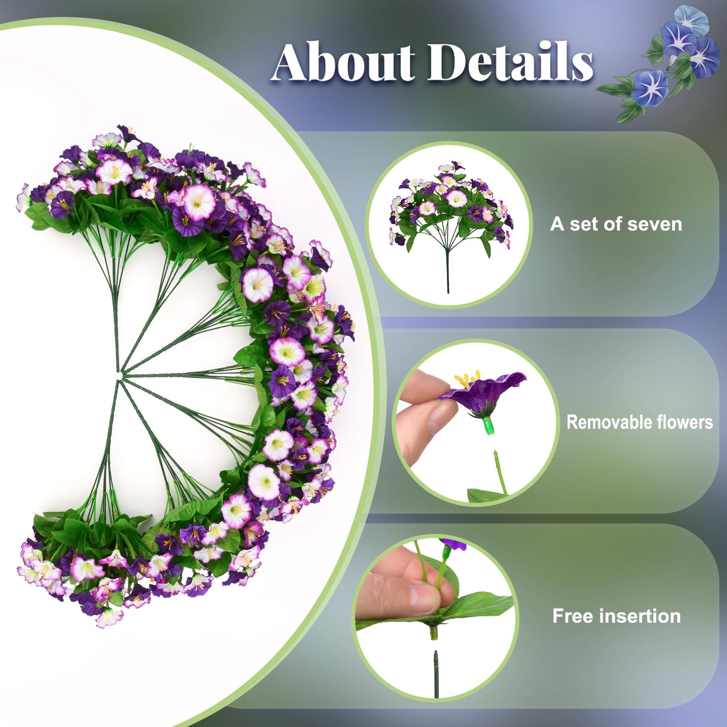 Ammyoo Artificial Hanging Flowers 12 inch Basket, Faux Silk Petunias Flower Arrangement,Coconut Lining Pot Planter with Morning Glories Patio Garden Porch Deck Spring Summer Decor(Purple Edge)