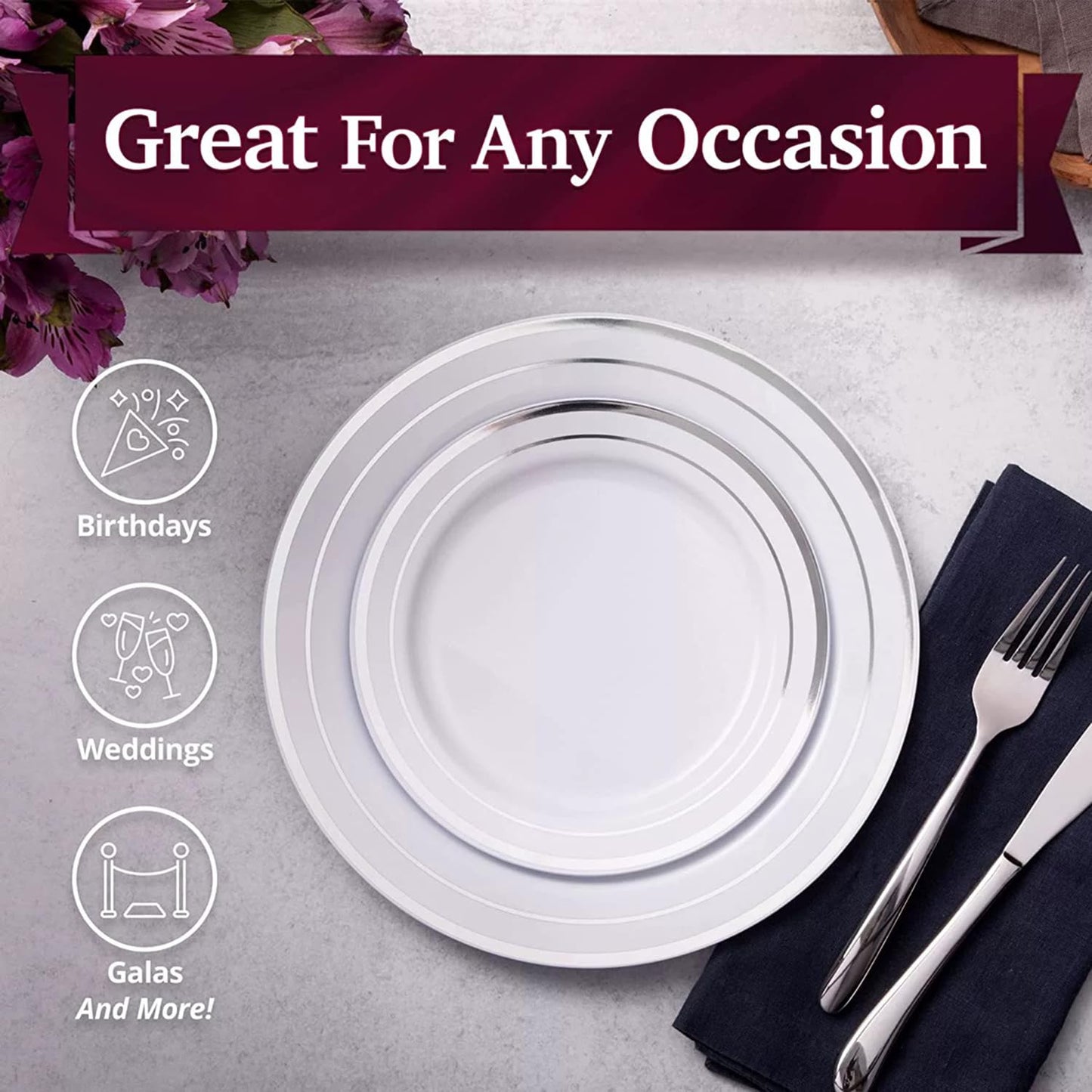 60Pcs Plastic Party Plates White Silver Rim, 30 Premium Heavy Duty 10.25 Inch Dinner Plates and 30 Disposable 7.5 Inch Dessert Appetizer Elegant Fancy Heavy Duty Wedding Plates