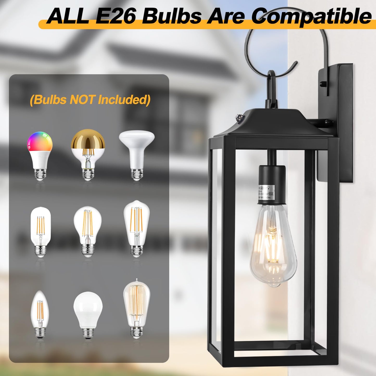Yolsunes Black Dusk to Dawn Outdoor Wall Lantern, 19" Large Outside Modern Wall Sconce Light Fixture, Farmhouse Porch Light Wall Mount Waterproof for House