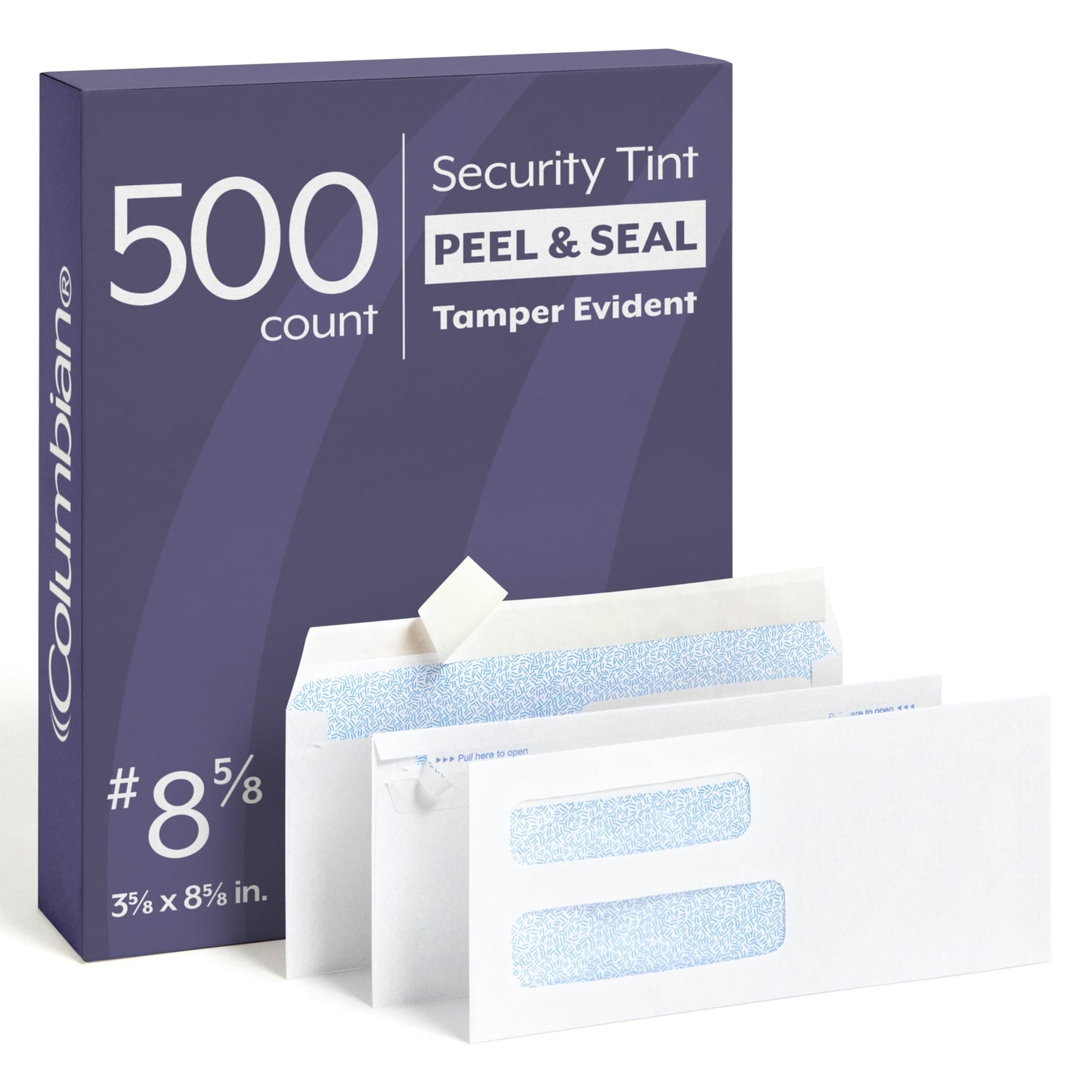 Columbian Envelopes, #8 5/8 Security, Double Window, SimplySafe Tamper-Evident, Release & Seal Self-Seal, White, 3-5/8" x 8-5/8", Security-Tinted Interior, 500 Per Box