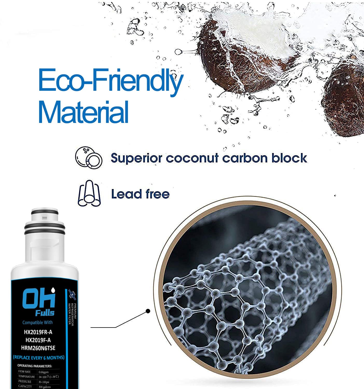 OHFULLS HX2019FR-A HX2019F-A Water Filter Replacement, Compatible with Hisense HRM260N6TSE HRFD560SW HRCD585BW HRFD634BW HRCD650BW HRCD586TBWB Mora MRM260N6TSE, 2-Pack