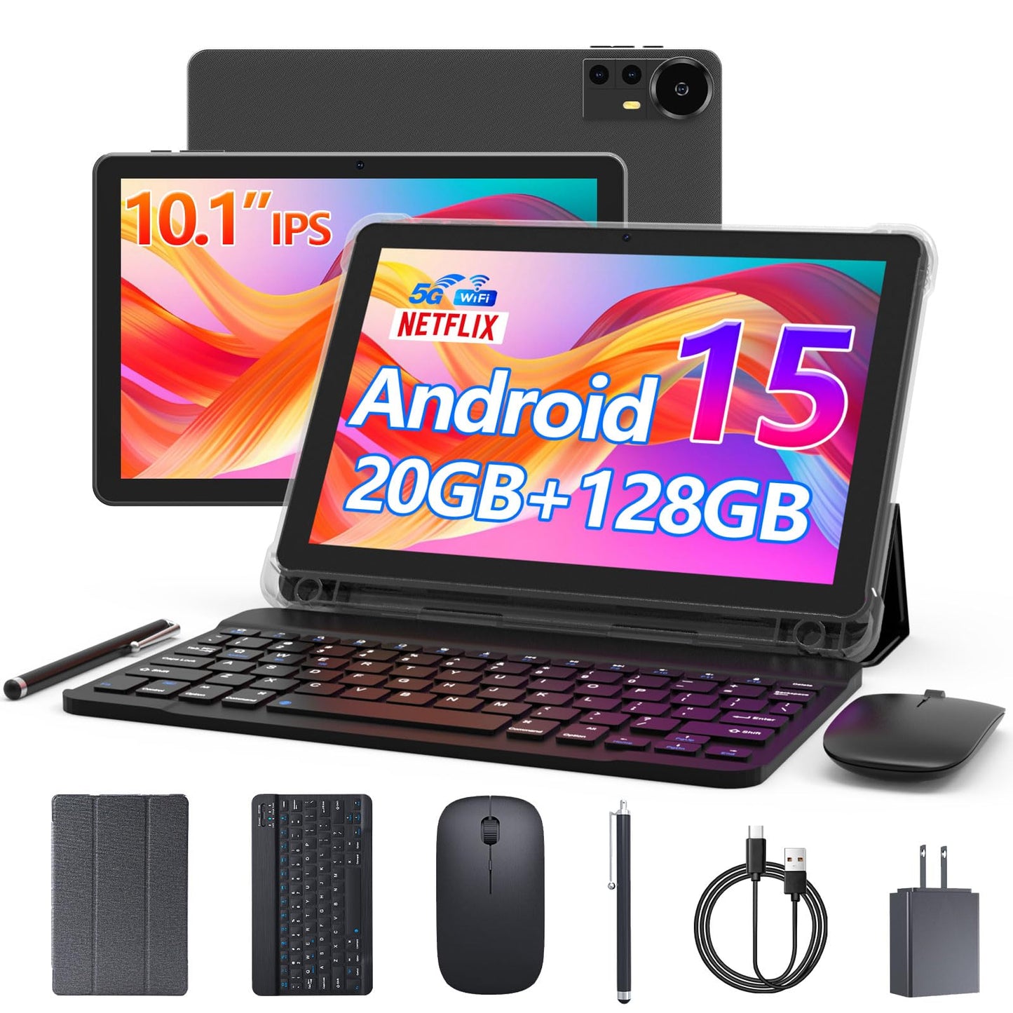 10 Inch Android 15 Tablet, Newest 18GB RAM+128GB ROM/2TB Expandable Tablets PC, 2 in 1 Tablets with Keyboard, Mouse, Case, Stylus, Quad-Core 2.0GHz CPU HD Screen, 5G WiFi 6 BT 5.0, 8MP Camera Tableta