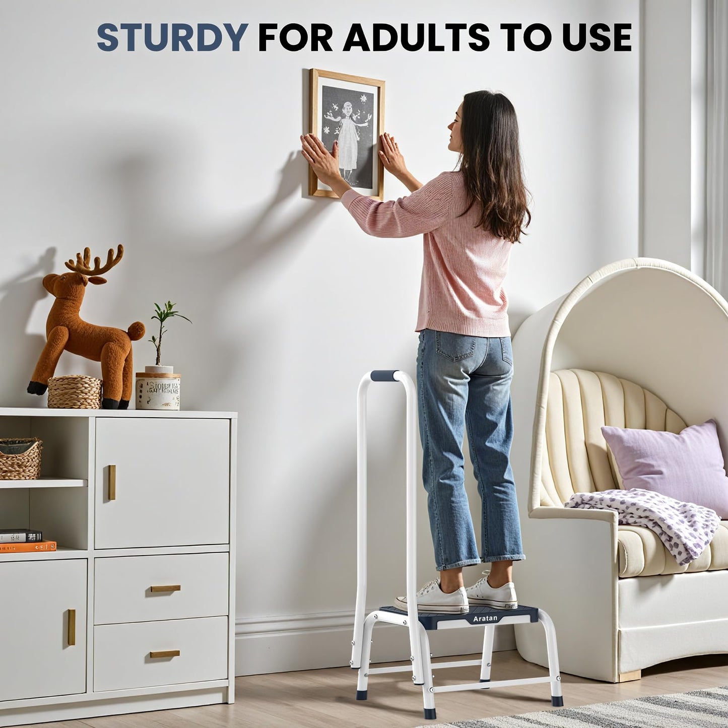 Step Stools with Handle, Stepping Stool for Adults Ederly Seniors Metal Stools with Handrail with Non-Slip Step Platform Metal Stepping Stool in Kitchen, Bathroom, Bedroom, 330 Lbs Capacity