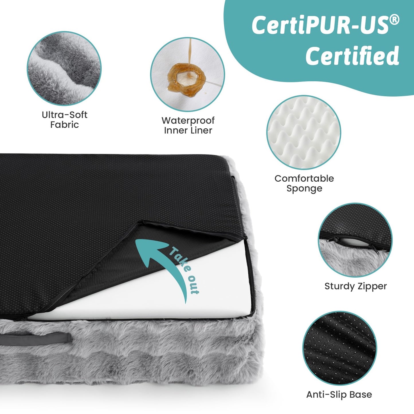 COZY KISS Faux Fur Orthopedic Dog Bed, Large Dog Bed, Pet Sofa with Removable Leak-Proof Cover, Washable U-Shaped Pet Couch with Anti-Slip Bottom, Grey XL 42x30x7 inch