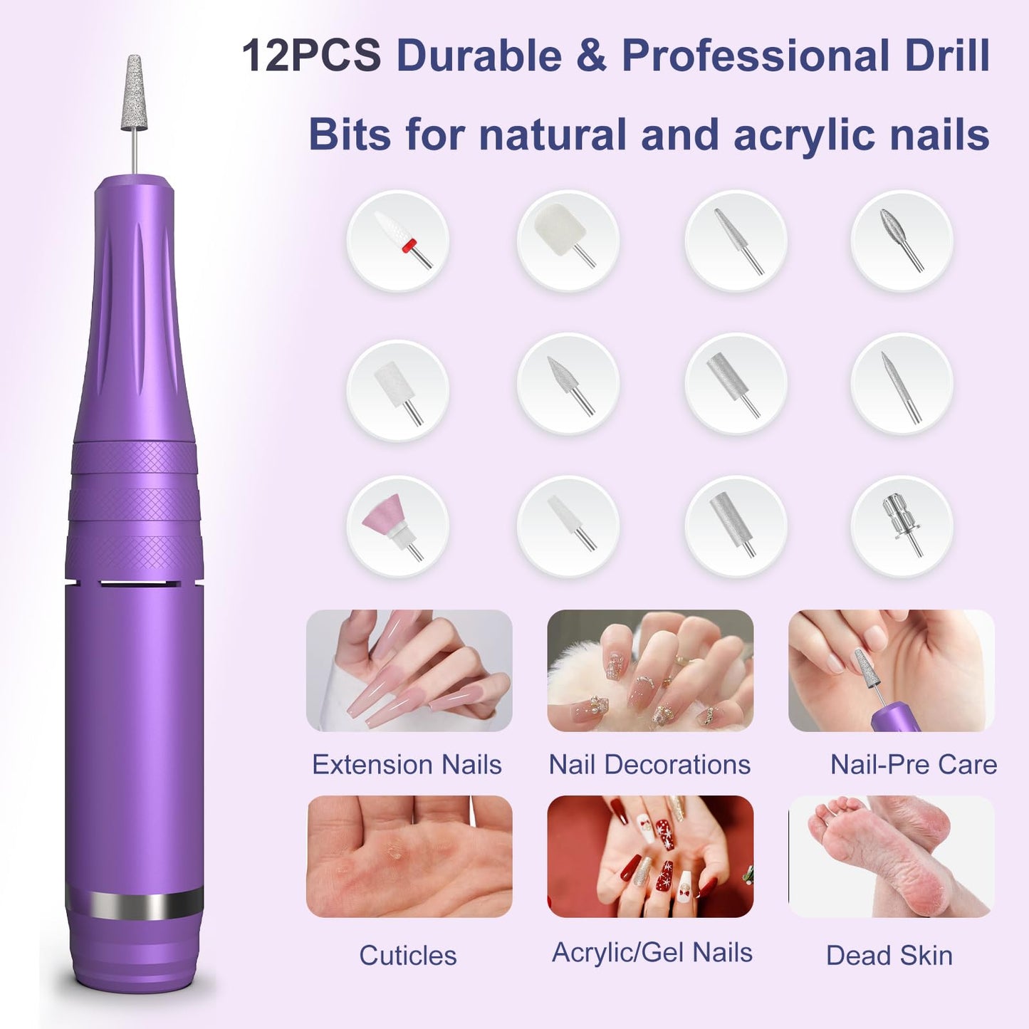 Professional Nail Drill Cordless 45000 RPM, Meremit Electric Nail File with Diamond Decoration, 12Pcs Drill Bits, Large LCD Screen, Rechargeable Electric Nail Machine Drill for Acrylic Gel Nail Polish