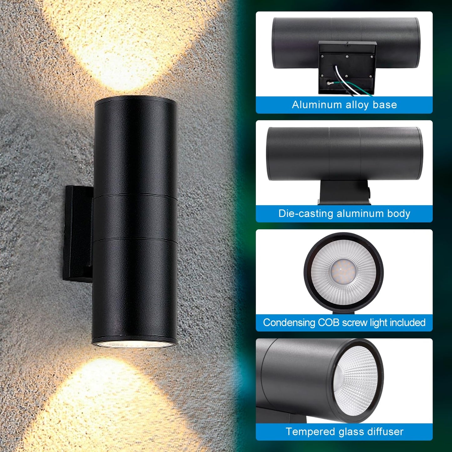 CSACCT LIGHT 20W Modern Outdoor Wall Lights, 2700K 3000K 3500K 4000K 5000K Waterproof LED Up Down Lighting, 2000LM Black Aluminum Cylinder Exterior Fixture for Home Porch Garage Patio, 2 Pack
