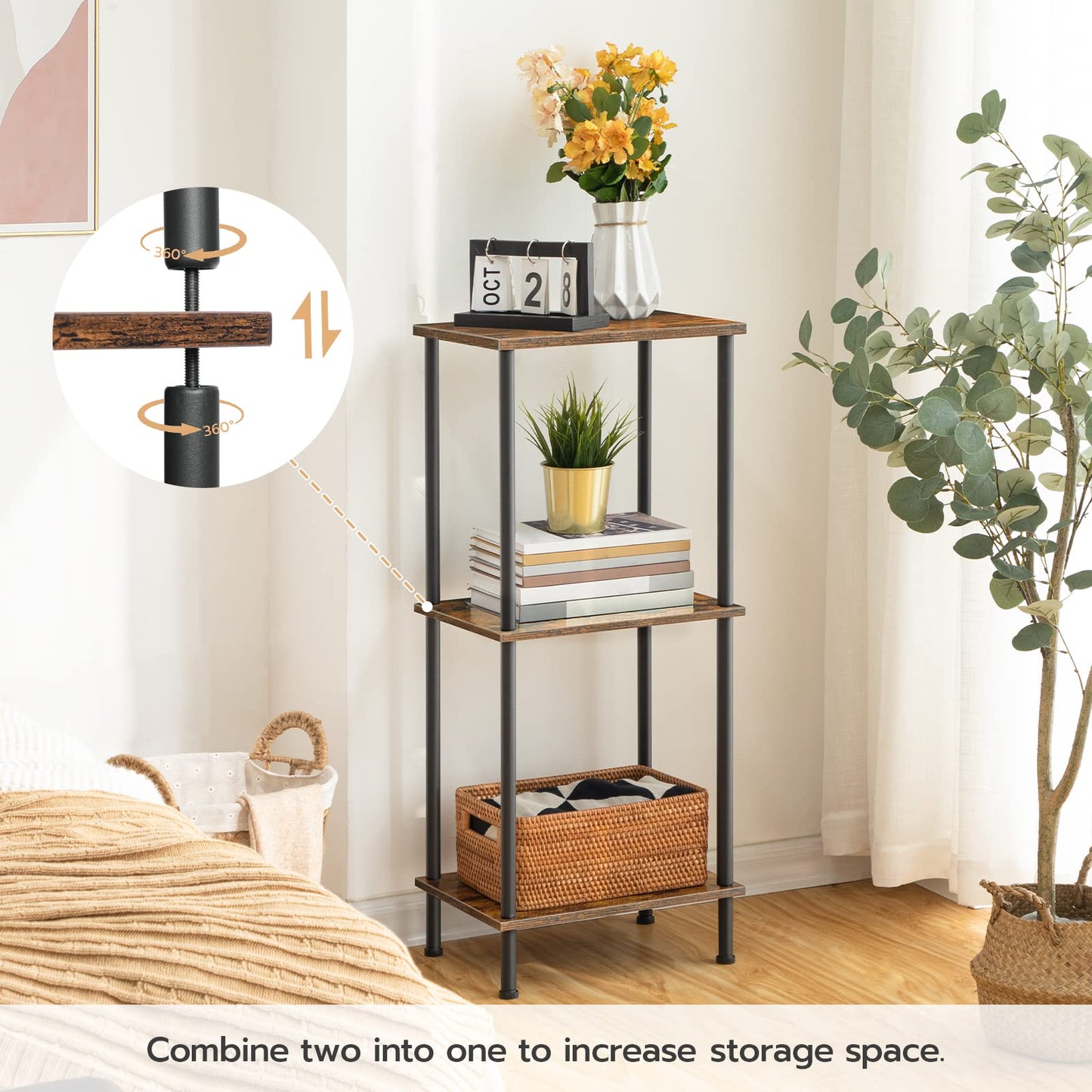 HOOBRO End Table, Nightstand with 2-Layer Storage Shelves, Side Table for Small Spaces, Living Room, Entryway, Farmhouse Industrial Style, Stable Frame, Easy Assembly, Rustic Brown, Black BF09BZ01