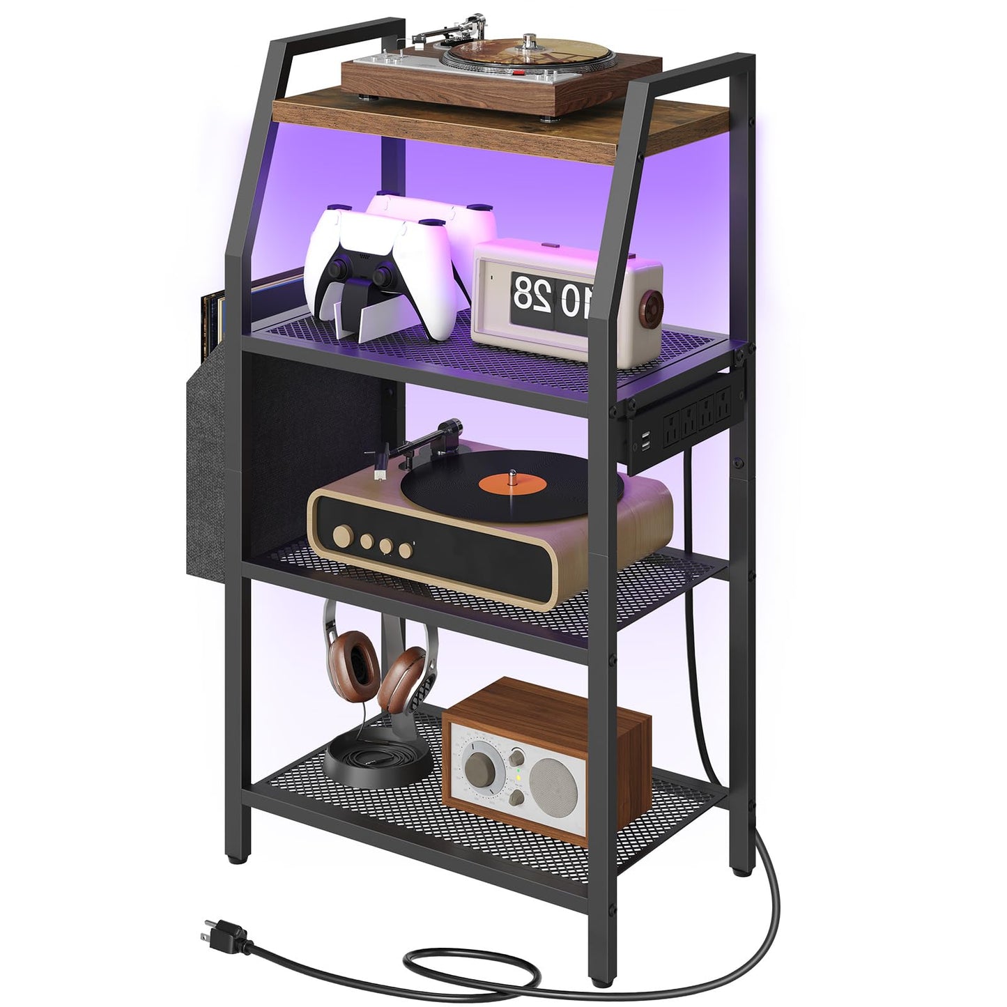 MAHANCRIS 4 Tier AV Media Stand with Power Outlet, LED Stereo Racks with Storage Bag, for Living Room & Studio, Record Player Stand, Speaker, Rustic Brown MSHR01E01