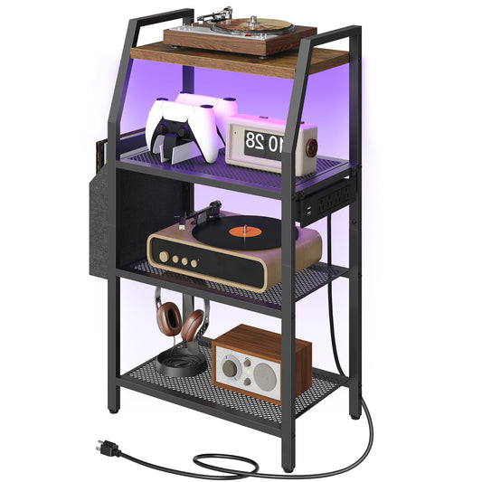 MAHANCRIS 4 Tier AV Media Stand with Power Outlet, LED Stereo Racks with Storage Bag, for Living Room & Studio, Record Player Stand, Speaker, Rustic Brown MSHR01E01