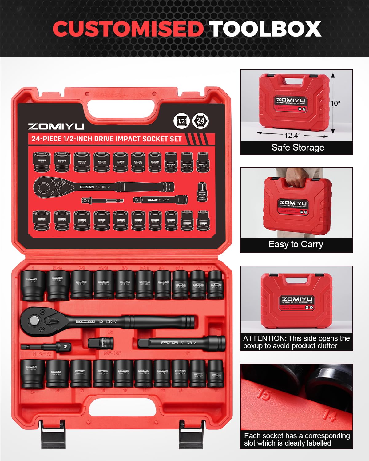 ZOMIYU 1/2" Drive Socket Set, SAE & Metric (7/16"-1"&13-24mm), 6 Point Shallow Impact Socket Set, 72-Teeth Ratchet Wrench, Extension Bar, Adapter & 3/8" F to 1/2" M Reducer-24 PCS