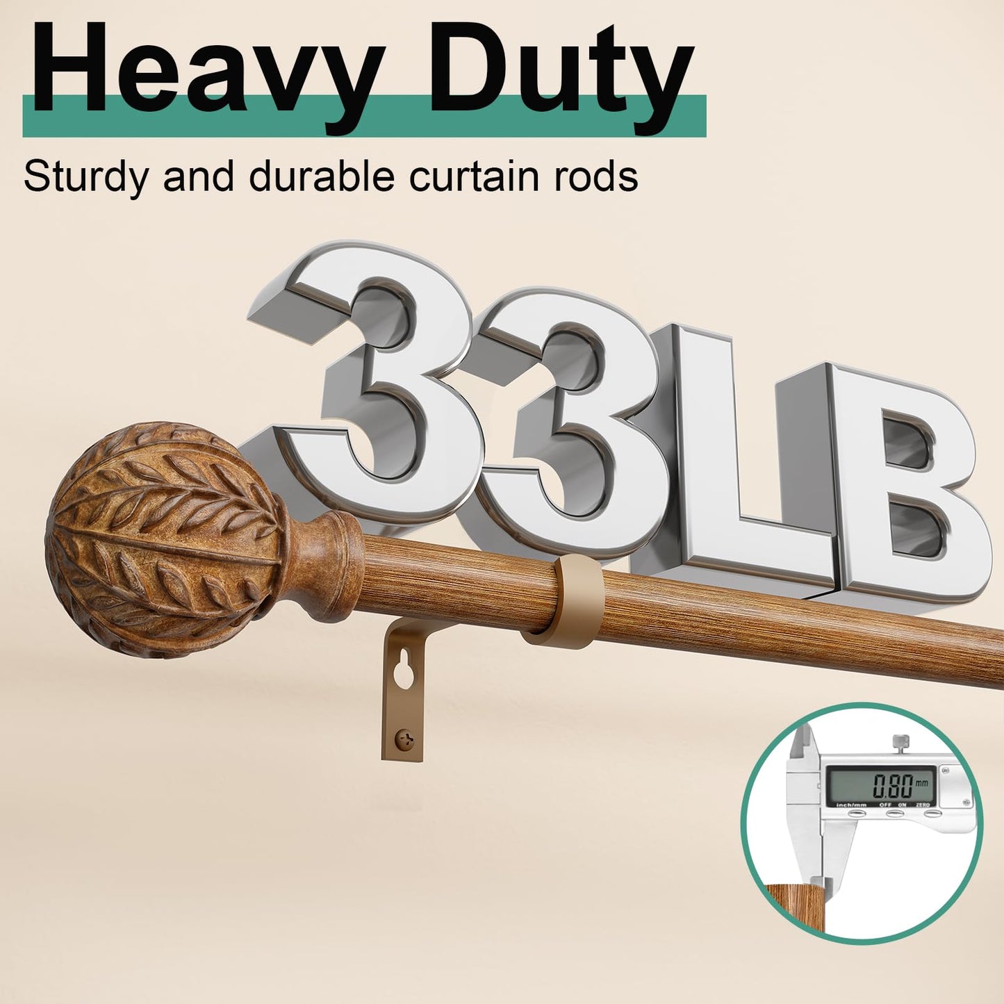 QDWIS Boho Natural Wood Curtain Rods for Windows 66 to 120 inch, 1" Adjustable Heavy Duty Window Curtain Rod with Imitation Wood Grain Finials,Rustic Decorative Drapery Rods Set,Size:36''-120''