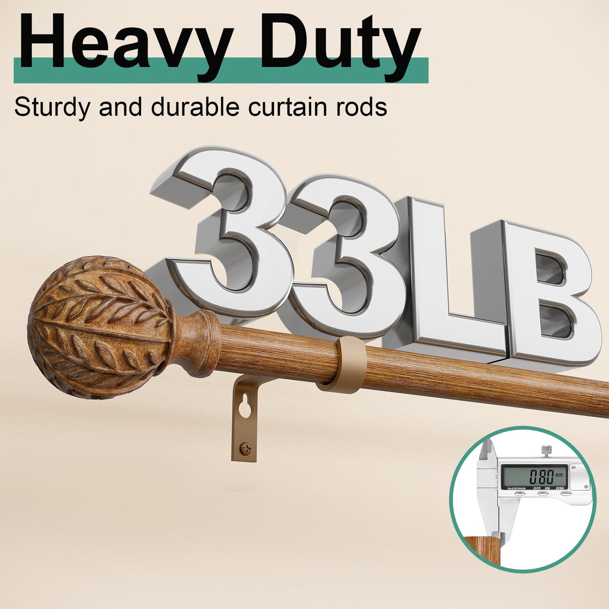 QDWIS Boho Natural Wood Curtain Rods for Windows 72 to 144 inch,1" Adjustable Heavy Duty Window Curtain Rod with Imitation Wood Grain Finials,Rustic Decorative Drapery Rods Set,Size:36-150''