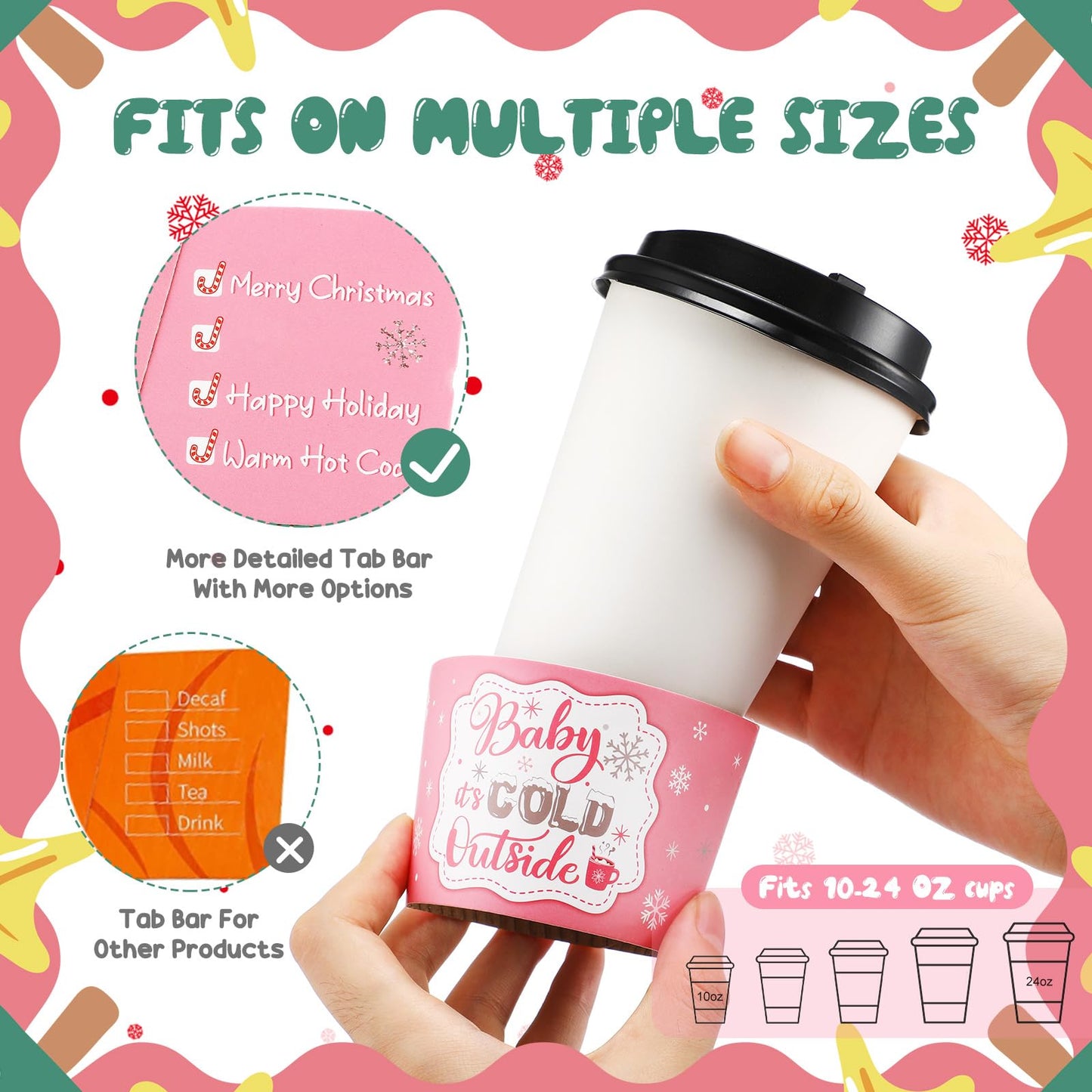 Yexiya 60 Pieces Christmas Baby It's Cold Outside Cup Sleeves Coffee Tea Fits 12oz 16oz Disposable Paper Cup Sleeves for Hot Chocolate Cocoa Beverage Xmas Party Supplies(Pink Silver)