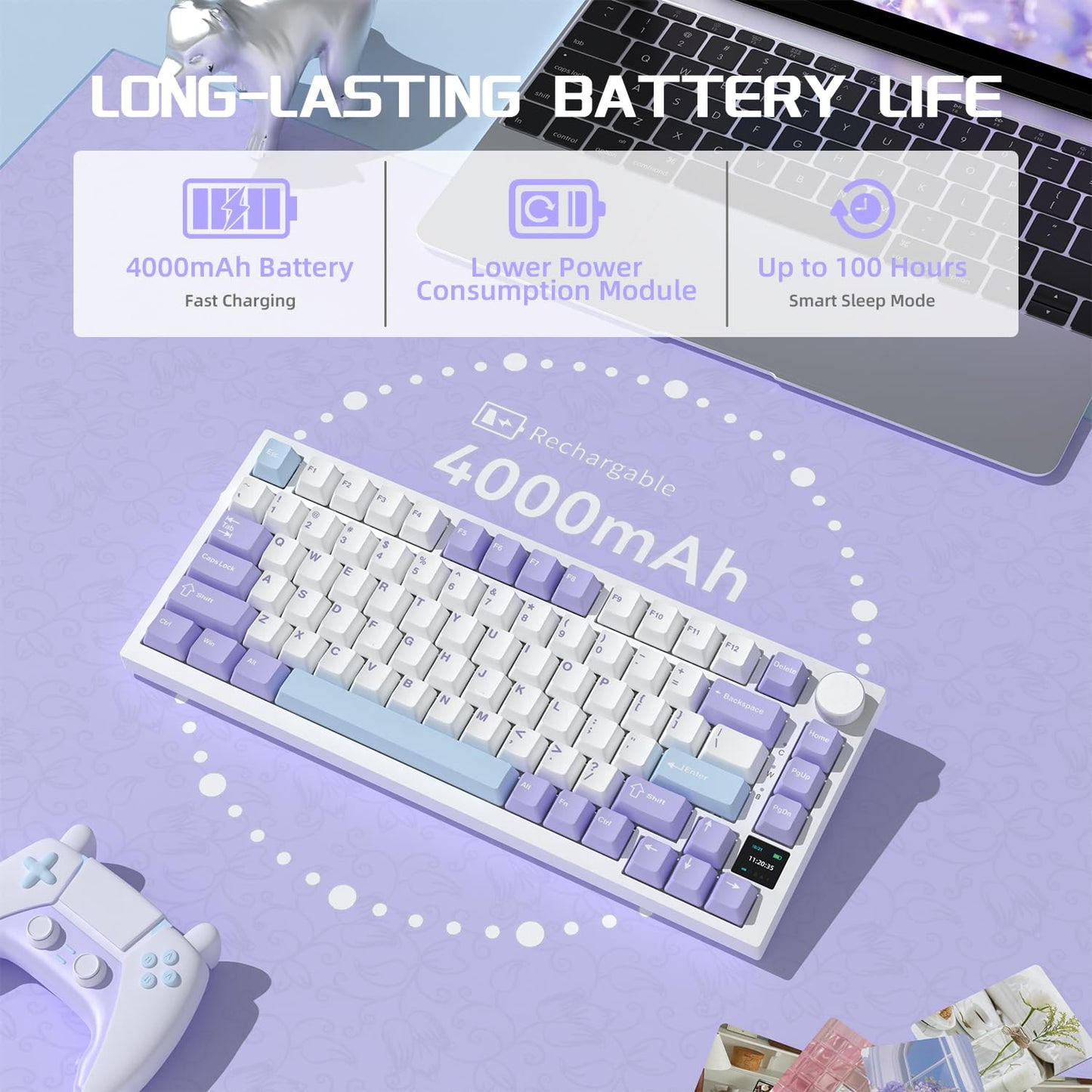 A.JAZZ AK820Pro Gasket Mechanical Gaming Keyboard 75%,TFT Display&Knob,Bluetooth/2.4GHz/USB-C,Hot Swap,5-Layer Sound Absorbing Foams,RGB Backlit,4000mAH Battery for Mac/Win,Flying Fish Switch-Purple