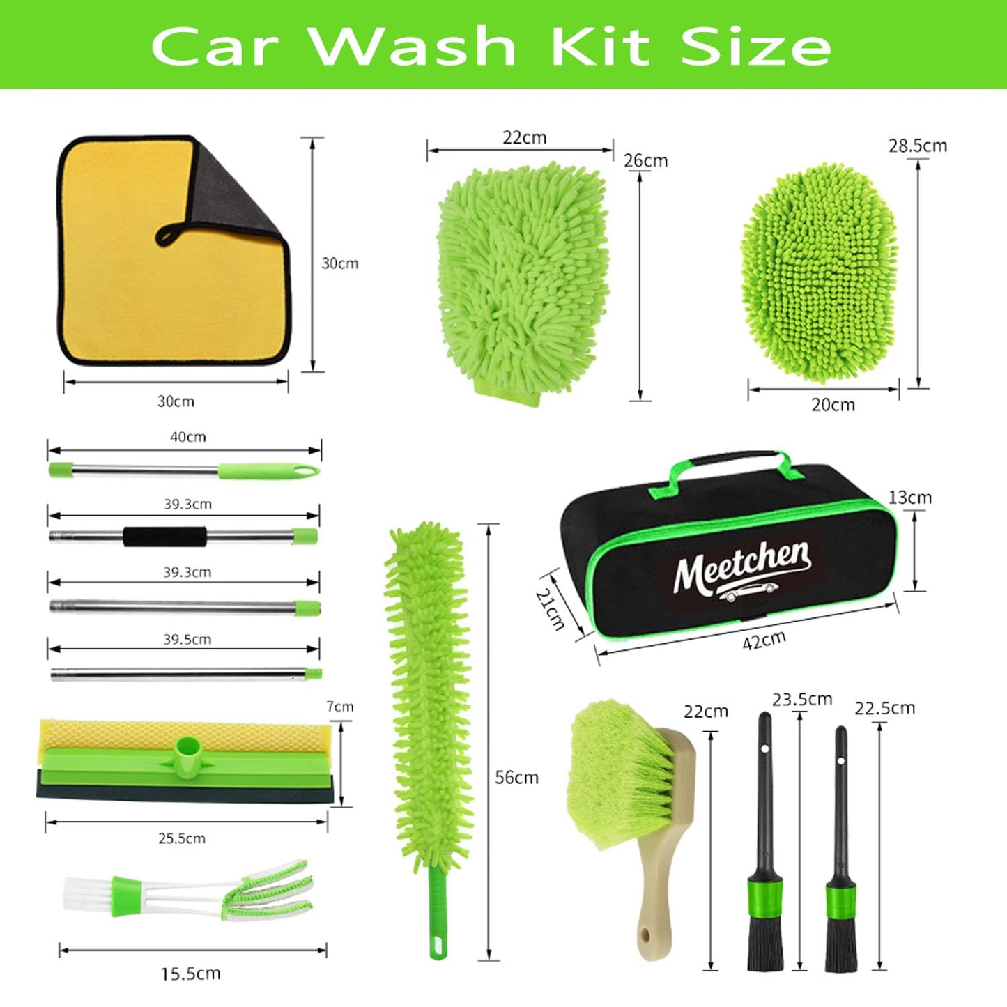Meetchen Car Cleaning Kit 158cm 62" Car Wash Brush Mop Kit with Long Handle and Car Detailing Kit for Cars, Trucks, SUVs, RVs, Caravans and Household Use