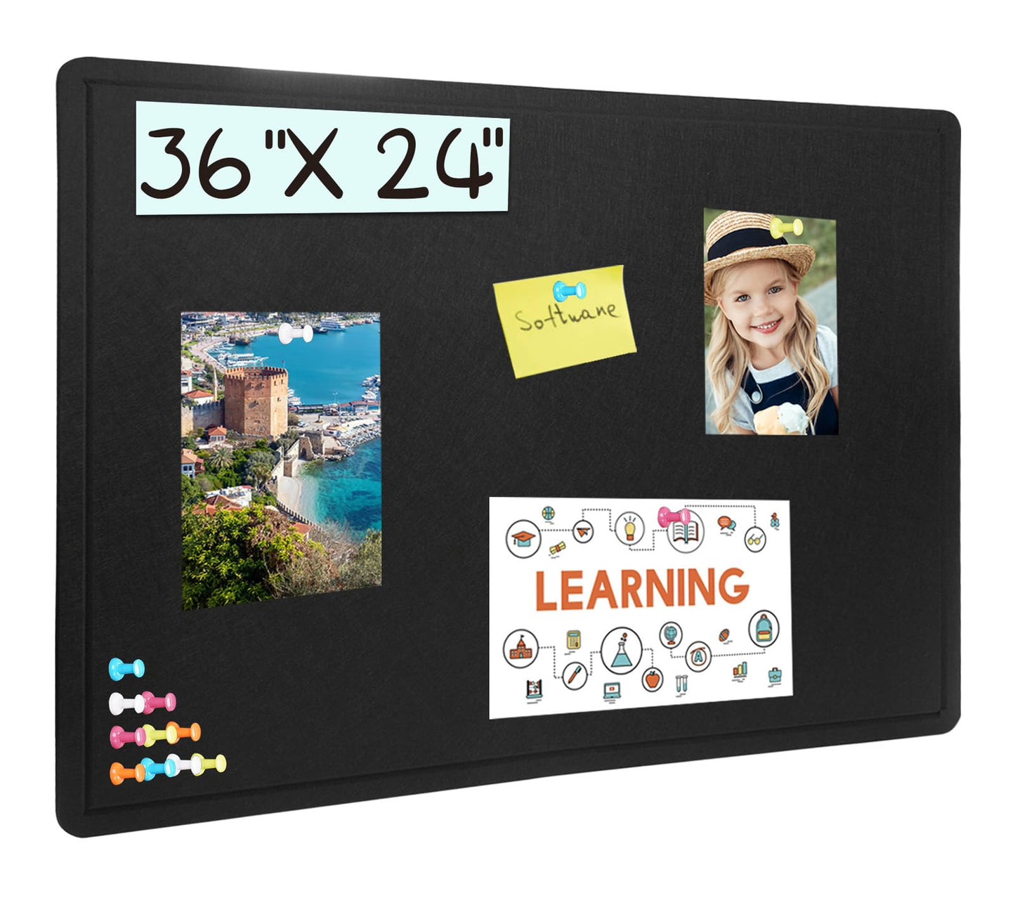 Bulletin Board, 36 X 24 inches Cork Board with 20 Pushpin, Felt Cork Board Notice Pin Board, Self-Adhesive Vision Board Mood Board Foldable Photo Board for Wall - Black