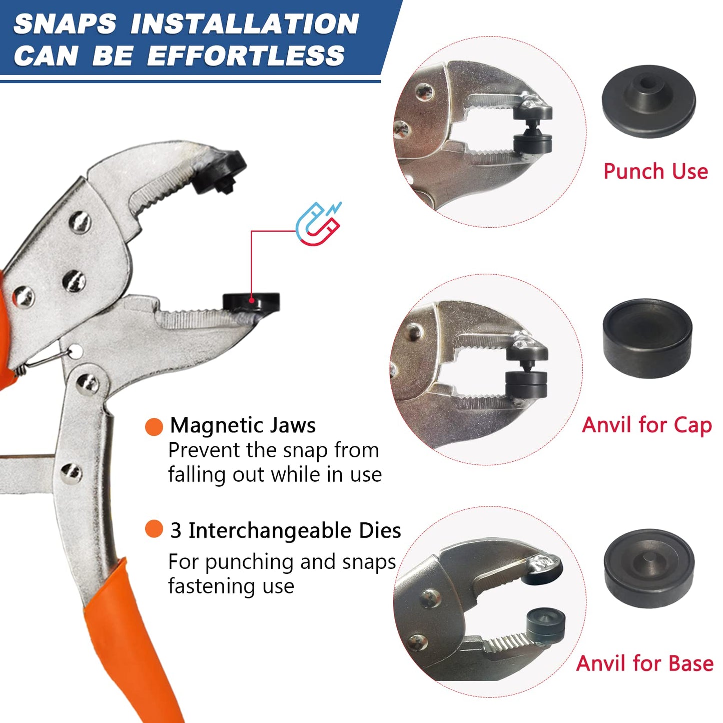 MinliGUY Snap Pliers for Metal Fasteners - Heavy Duty Tool Kit With 3 Dies & 60-Set Stainless Steel 15mm Snaps for Boat Cover/Tarp/Marine Canvas/Leather Installation/Replacement