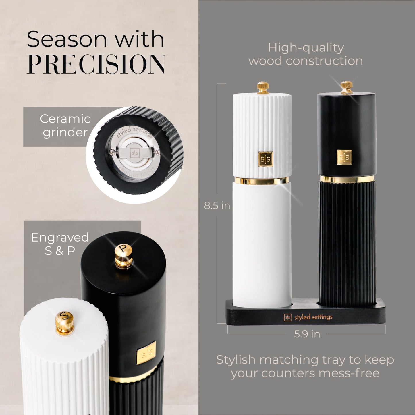 Styled Settings White and Black Salt and Pepper Grinder Set with Gold Accents – Set of Two Refillable Wooden Manual Grinders with Adjustable Ceramic Mills & Matching Wooden Stand - Ideal for Gifting