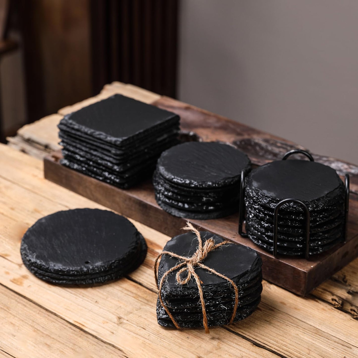 60packs Bulk Slate Coasters, Anti-Slip Drink Coasters, Engraving Available, Bulk Square Coasters for Drinks, Black Stone 4 x 4 Inch Square