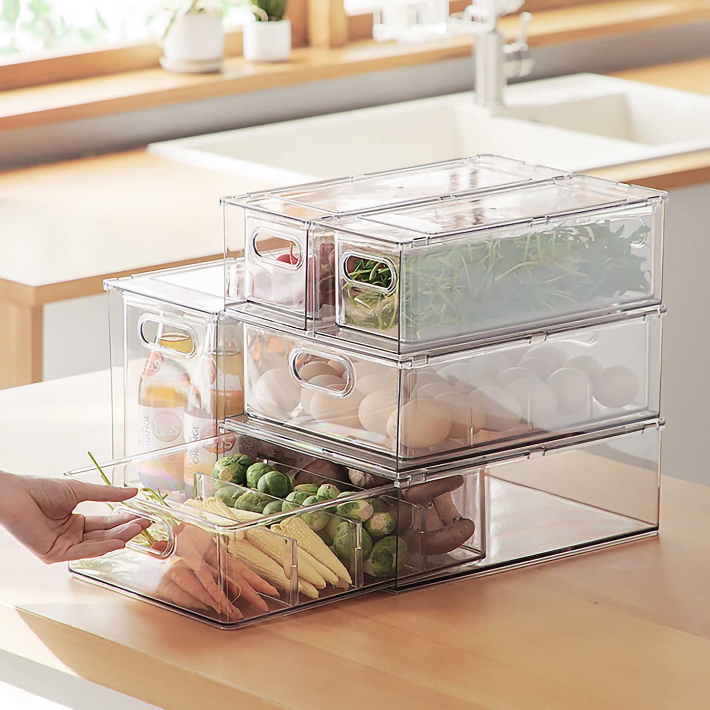 MineSign 4Pack Stackable Fridge Drawers Pull-out Storage Bins with Handle Clear Food Container for Refrigerator Plastic Dresser Organizer Fruit&Veggie Keeper for Freezer Cabinet Kitchen Organization