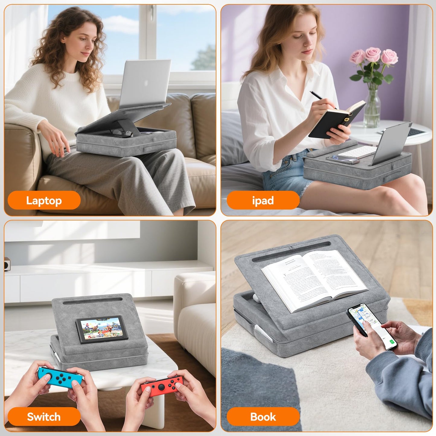 KDD Portable Laptop Lap Desk with Storage Tray - Adjustable Laptop Table for Bed Sofa - Lap Laptop Pillow Stand Table with Anti-Slip Strip & Tablet Phone Slot Holder - Lap Writing Board, Drawing Desk